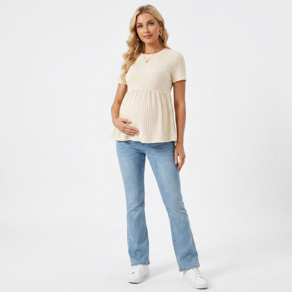 Anna-Kaci Women's Short Sleeve Rib Knit Peplum Maternity Top with Round Neck