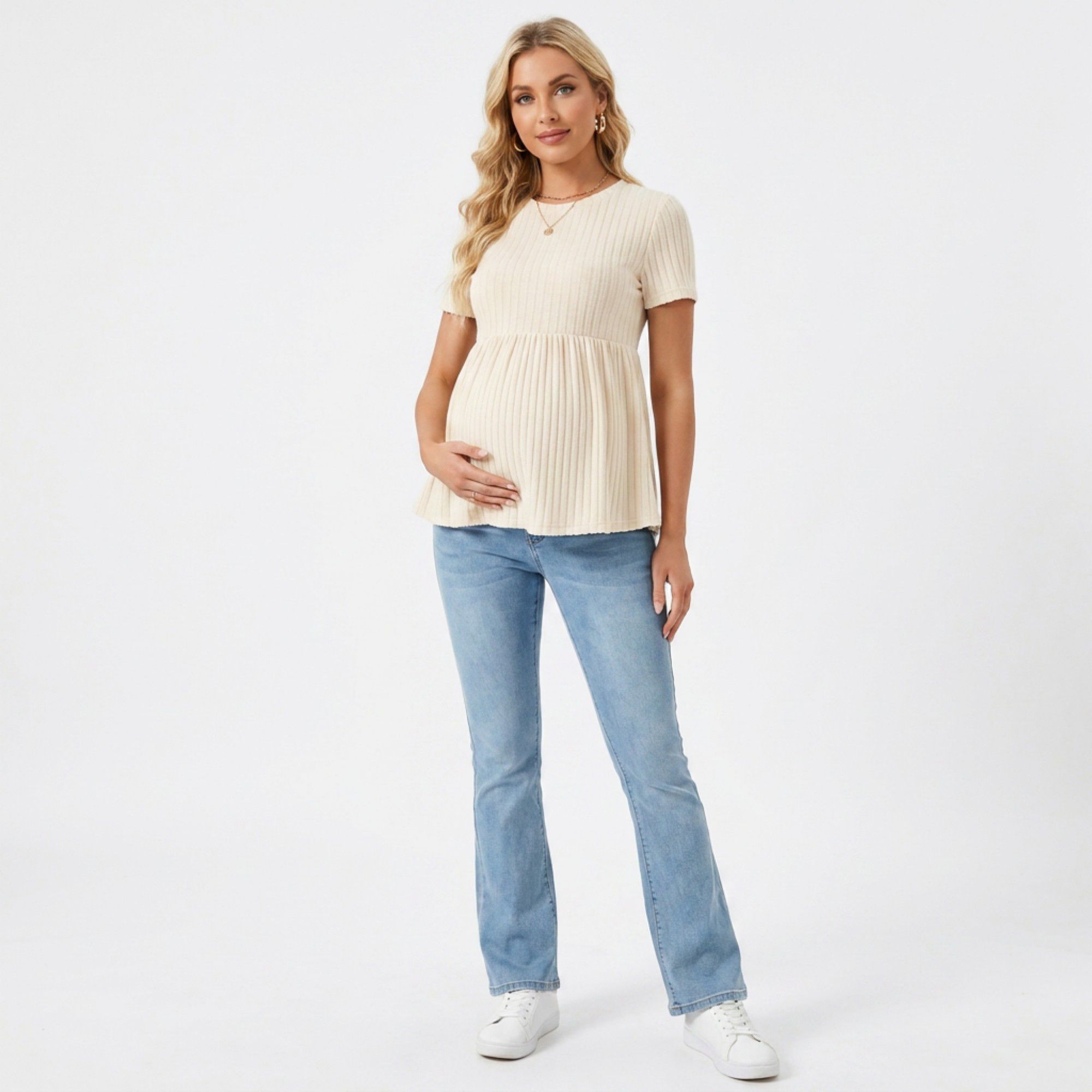 Anna-Kaci Women's Short Sleeve Rib Knit Peplum Maternity Top with Round Neck