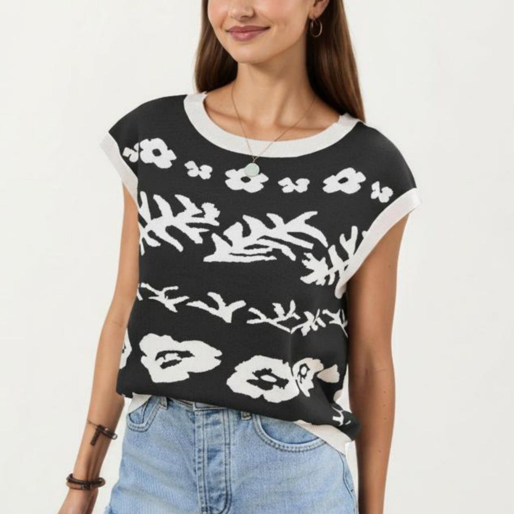 Anna-Kaci Women's Sleeveless Floral Knit Vest Top with Crew Neck and Contrast Trim