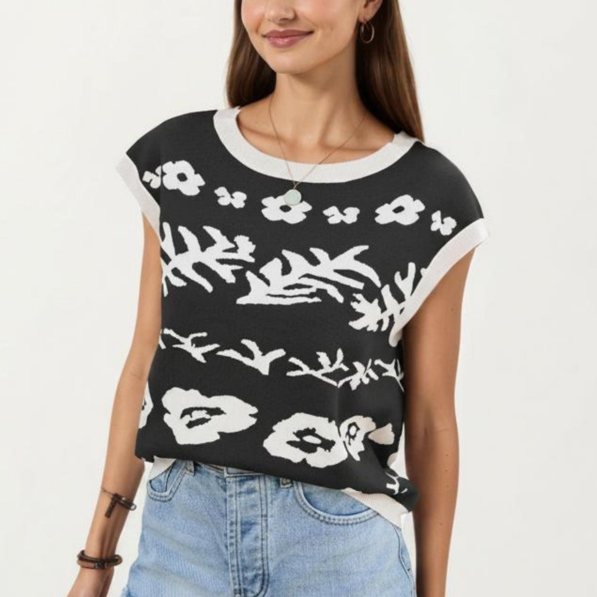 Anna-Kaci Women's Sleeveless Floral Knit Vest Top with Crew Neck and Contrast Trim