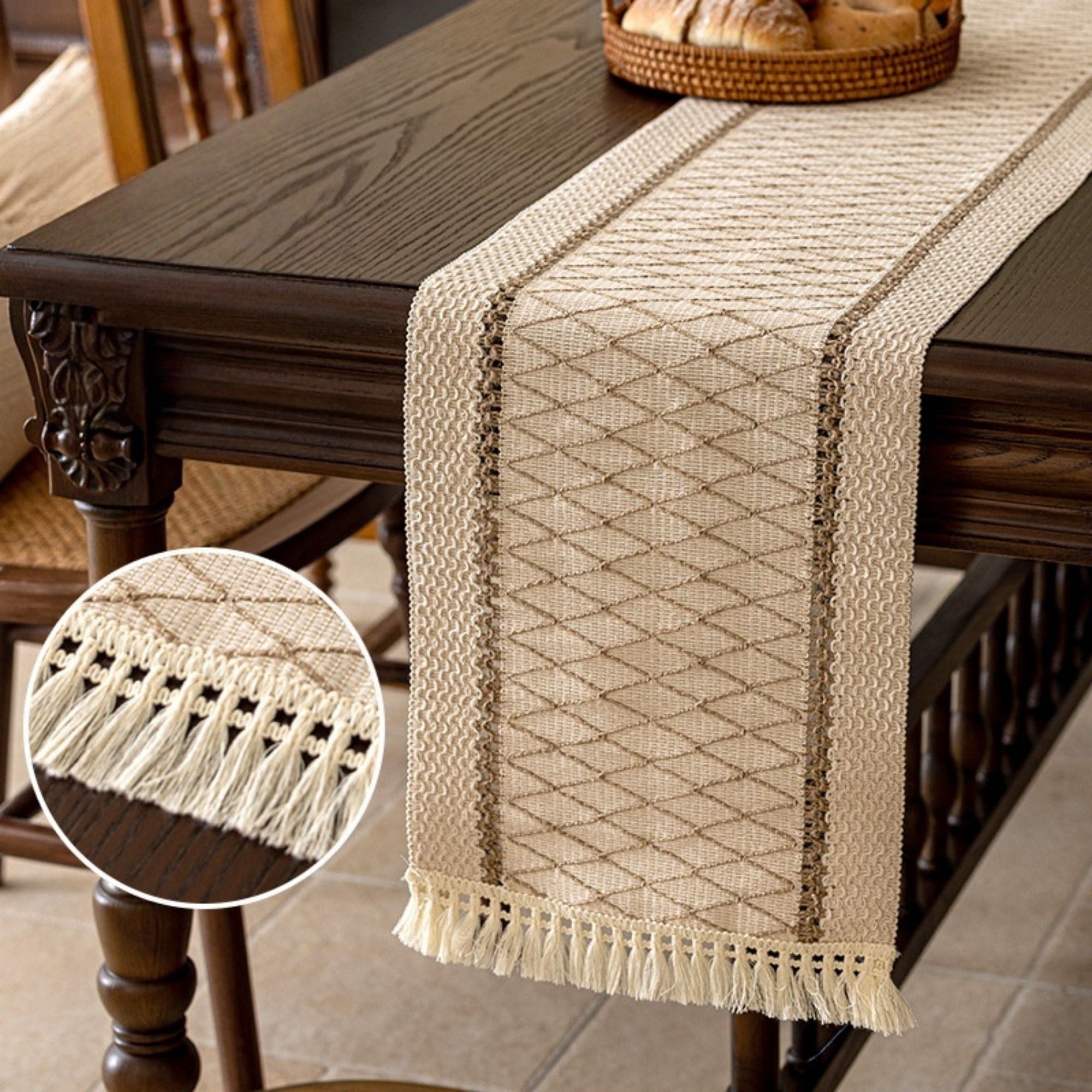 Textured Woven Table Runner with Fringe Trim and Neutral Stripe Pattern 47x11.8 in