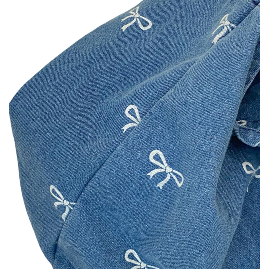 Denim Tote Bag with Printed Bow Design and Large Spacious Interior