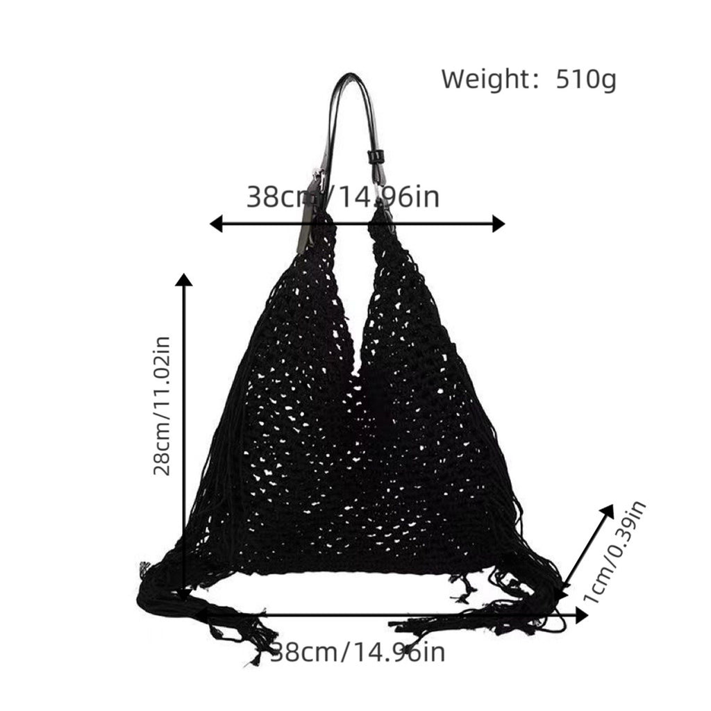 Woven Crochet Shoulder Bag with Fringe Detail Slouchy Hobo Style Lightweight Handbag