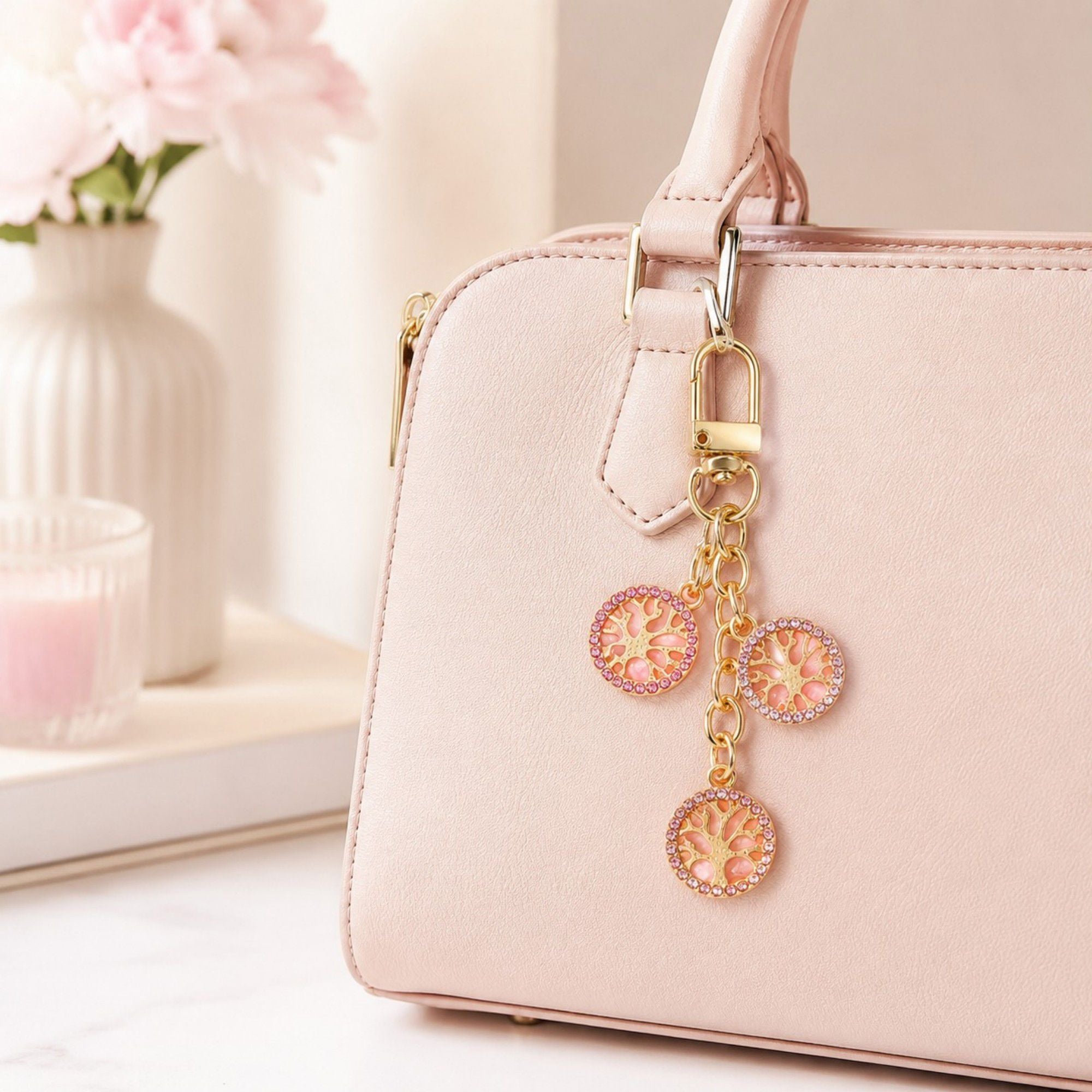 3pc Tree Medallion Keychain Bag Charm with Rhinestone Trim Gold Tone Chain and Clip