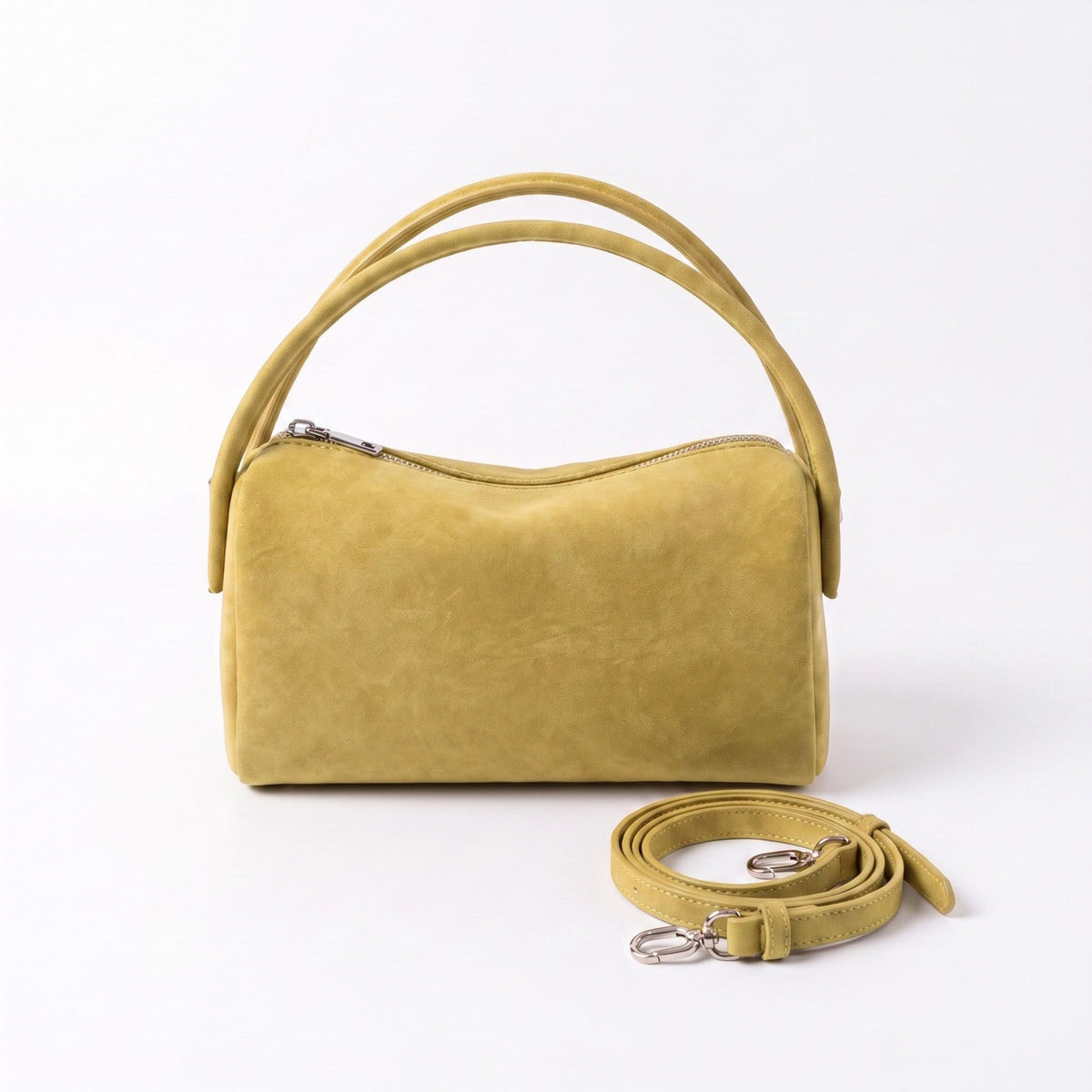 Faux Suede Handbag with Detachable Crossbody Strap and Zipper Closure