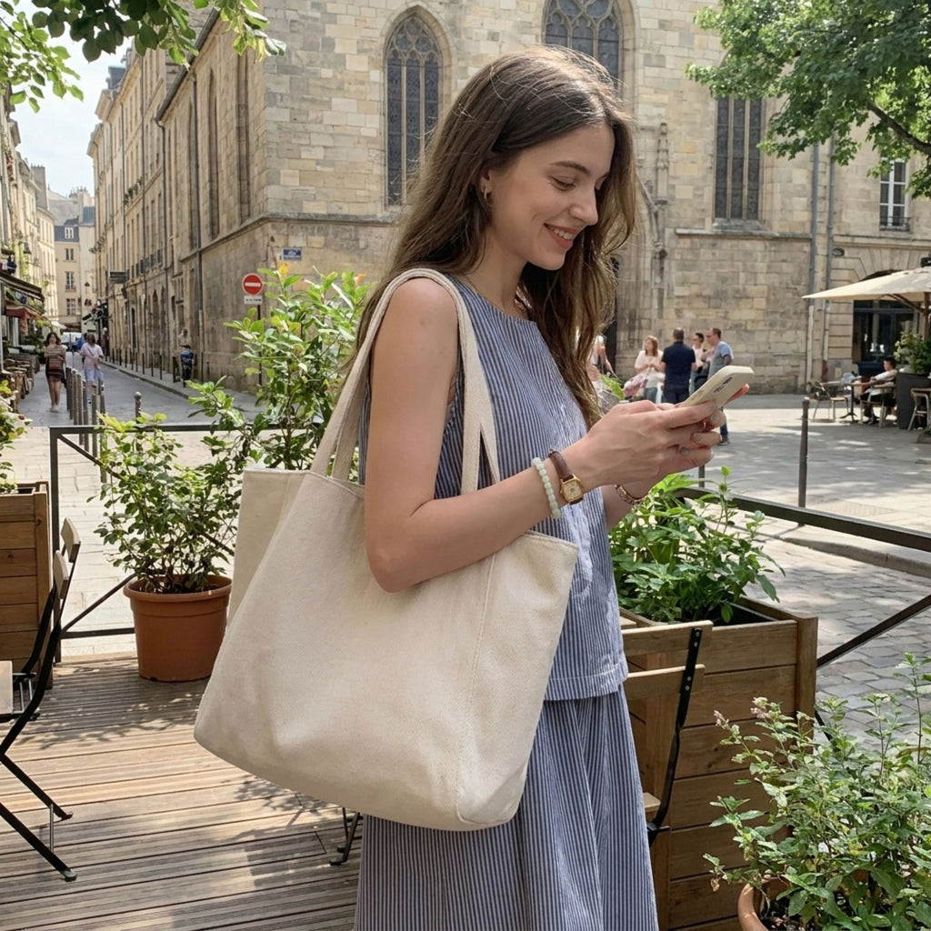 Herringbone Tote Bag with Shoulder Handles and Inner Pocket