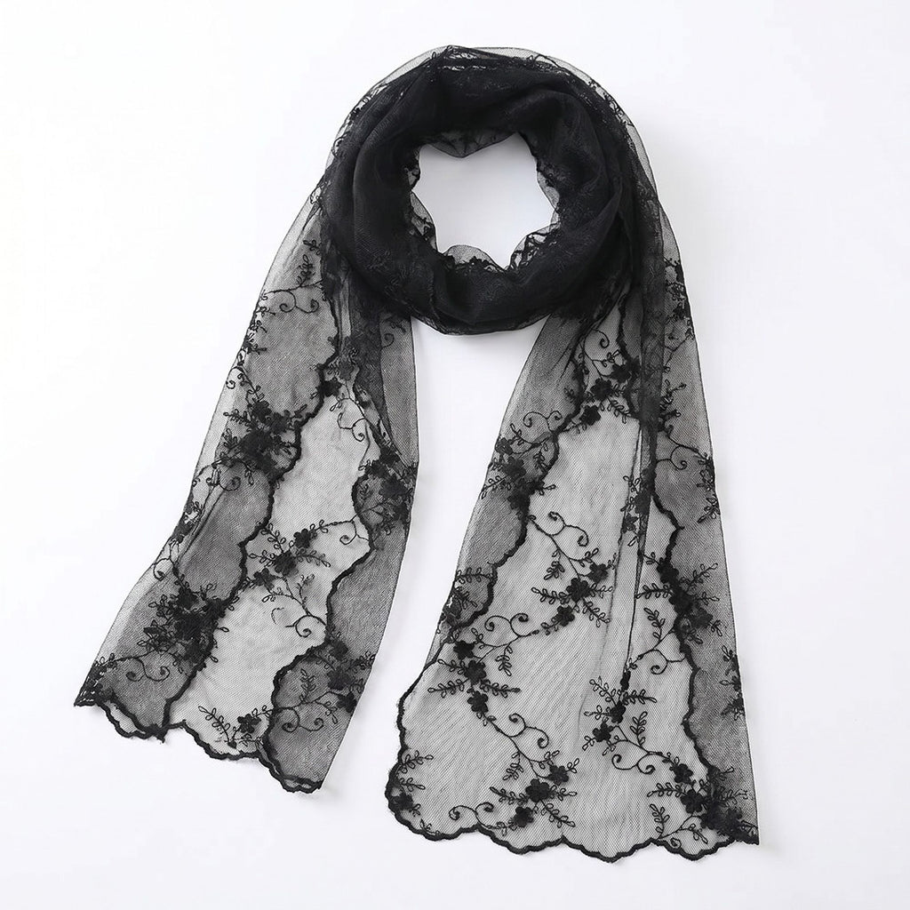 Sheer Embroidered Skinny Scarf with Floral Lace Trim and Long Neck Tie Design