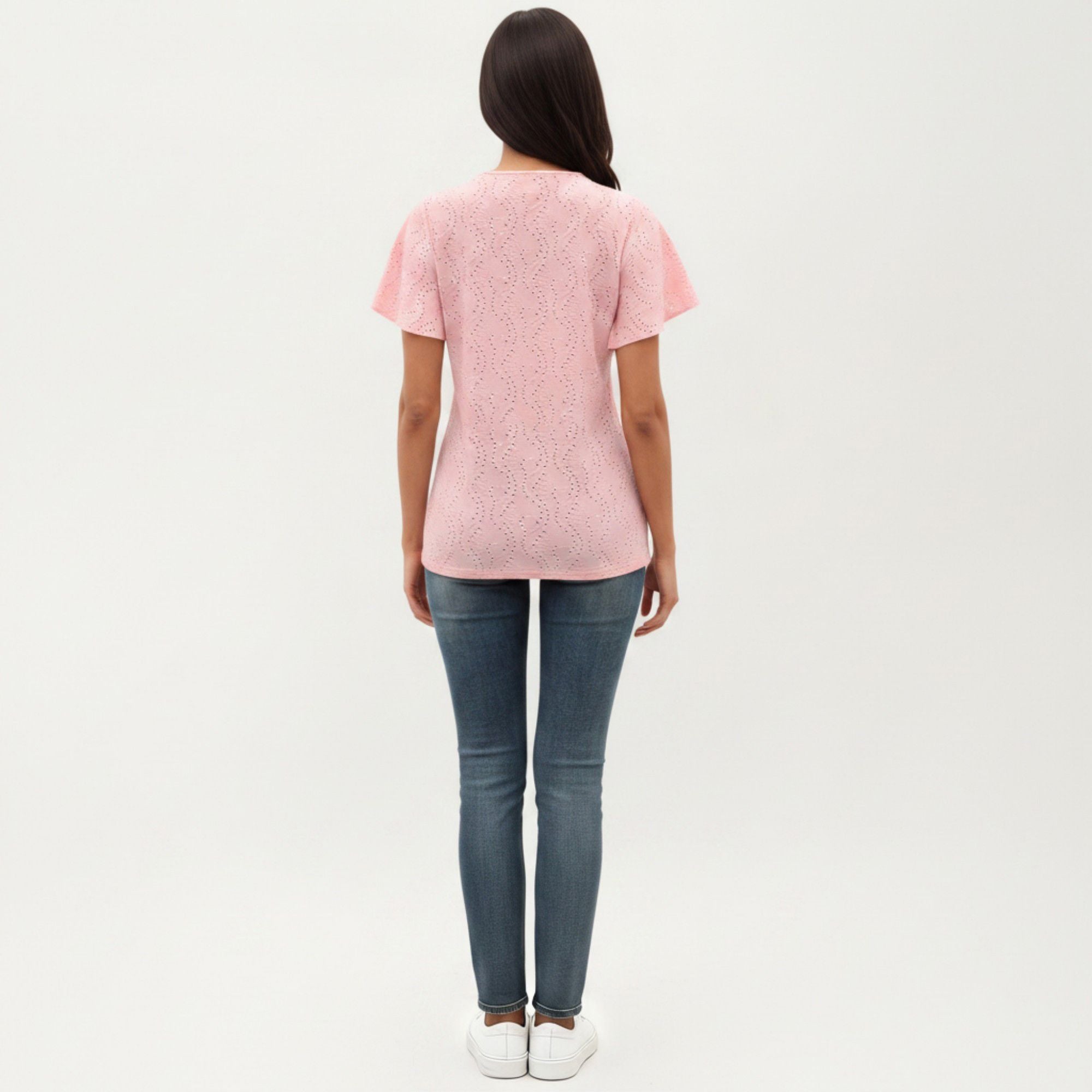 Anna-Kaci Women's Short Sleeve Eyelet V-Neck Top with Floral Embroidery and Flutter Sleeves