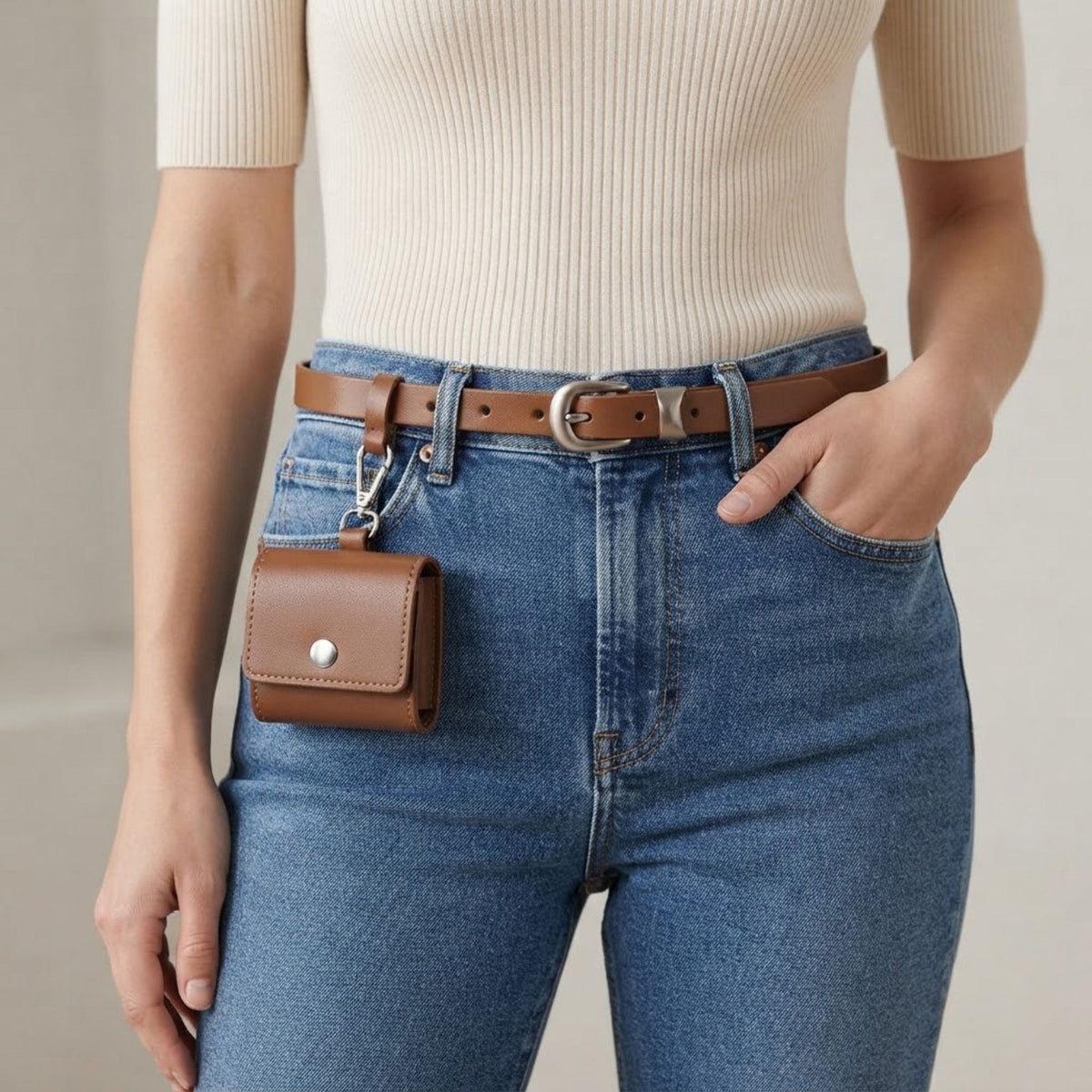 Genuine Leather Belt with Detachable Mini Pouch and Silver Tone Buckle 41.3in