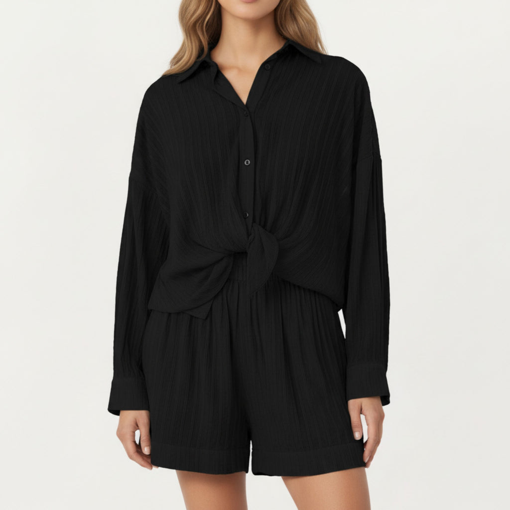 Anna-Kaci Women's 2-Piece Pajama Set Button Down Pajama Shirt and Shorts Long Sleeve Textured Stripe Printed