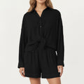 Anna-Kaci Women's 2-Piece Pajama Set Button Down Pajama Shirt and Shorts Long Sleeve Textured Stripe Printed