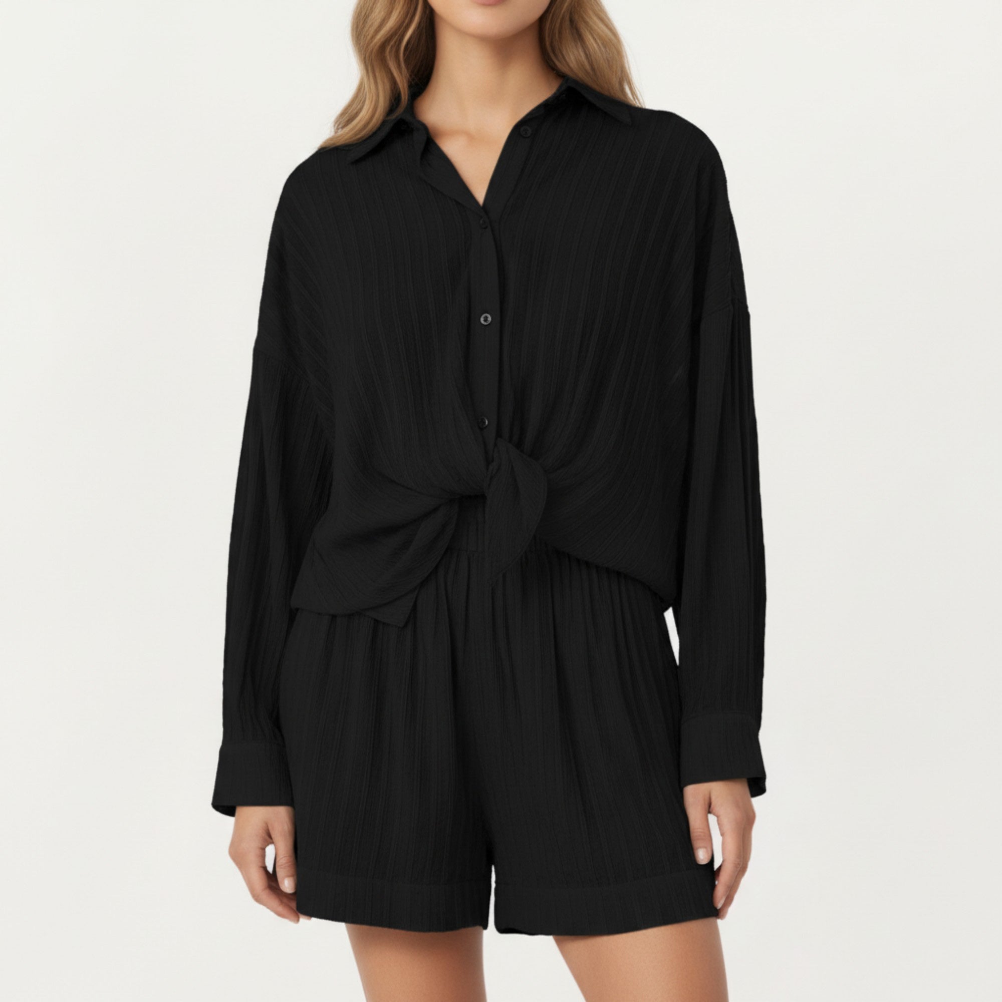 Anna-Kaci Women's 2-Piece Pajama Set Button Down Pajama Shirt and Shorts Long Sleeve Textured Stripe Printed