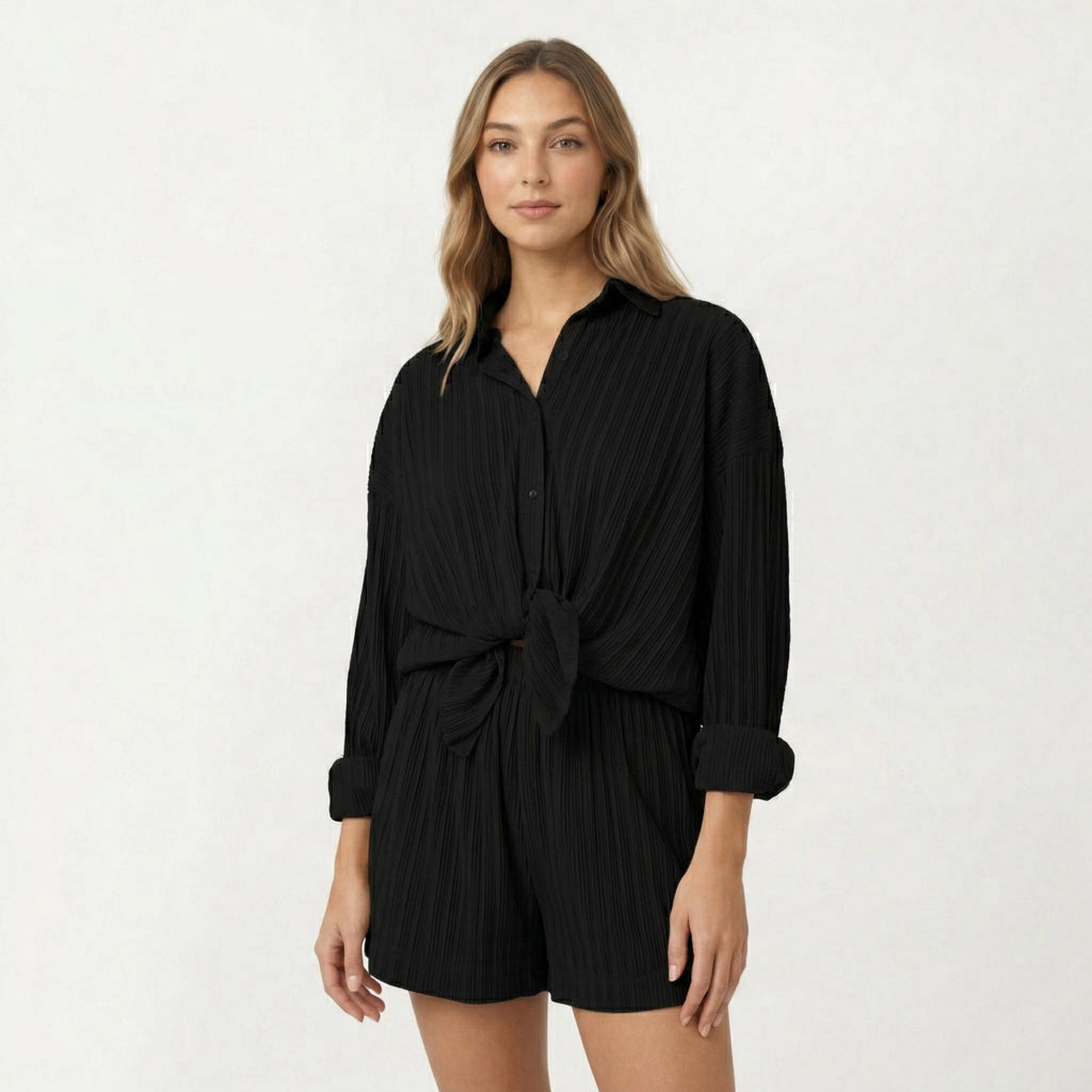 Anna-Kaci Women's 2-Piece Pajama Set Button Down Pajama Shirt and Shorts Long Sleeve Textured Stripe Printed
