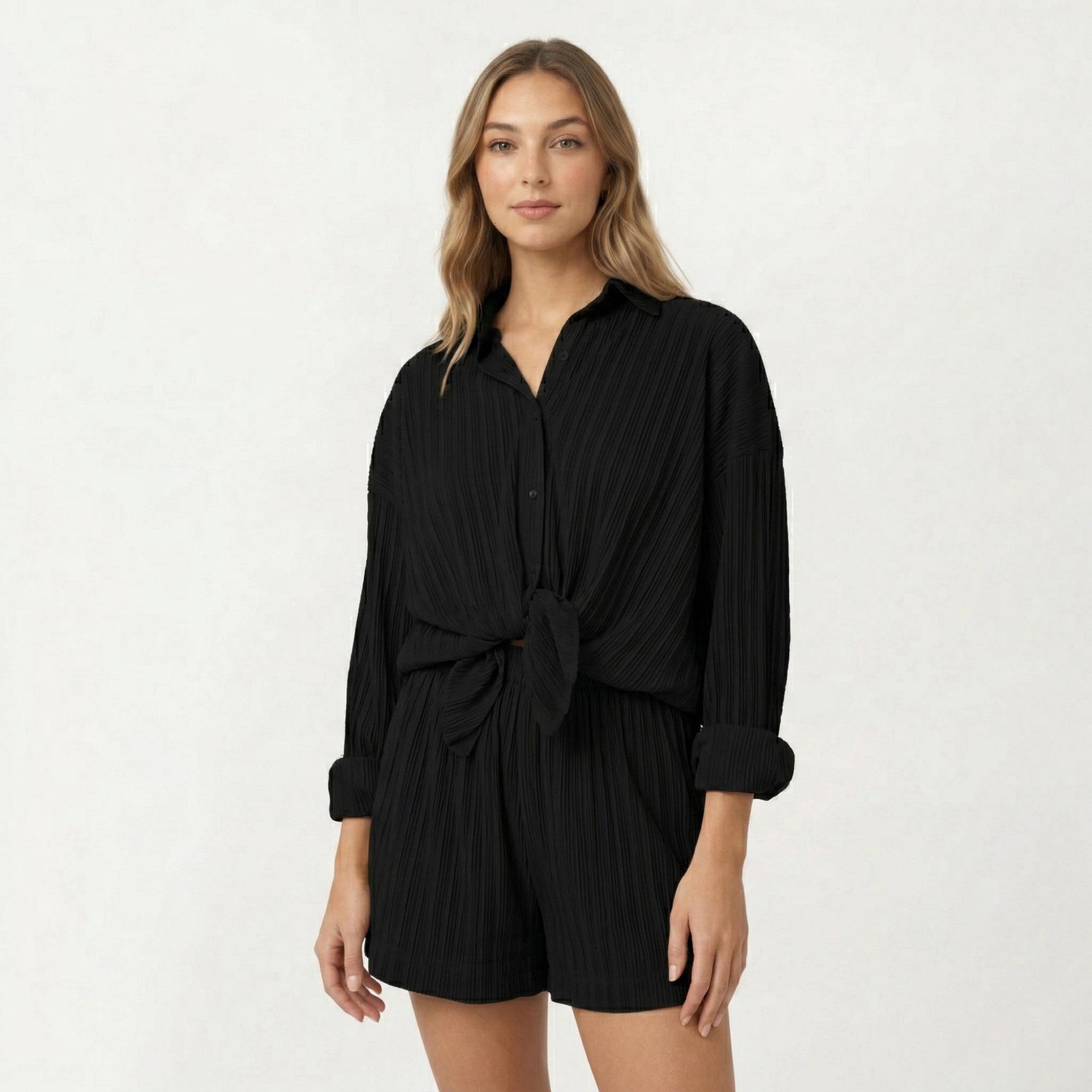 Anna-Kaci Women's 2-Piece Pajama Set Button Down Pajama Shirt and Shorts Long Sleeve Textured Stripe Printed