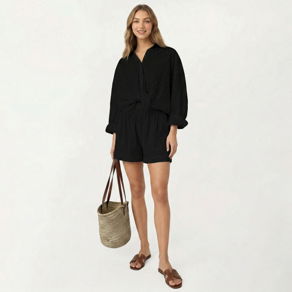 Anna-Kaci Women's 2-Piece Pajama Set Button Down Pajama Shirt and Shorts Long Sleeve Textured Stripe Printed