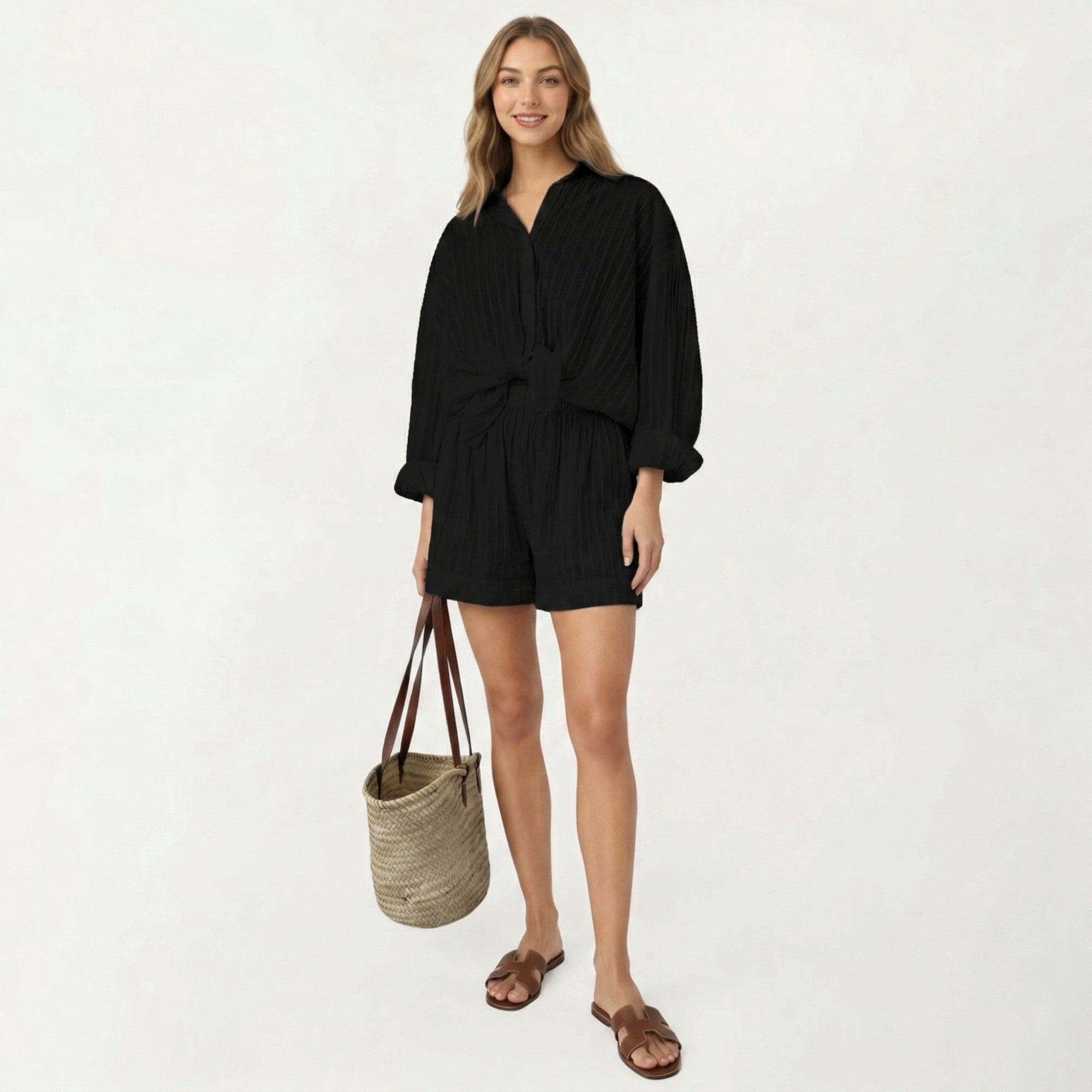 Anna-Kaci Women's 2-Piece Pajama Set Button Down Pajama Shirt and Shorts Long Sleeve Textured Stripe Printed