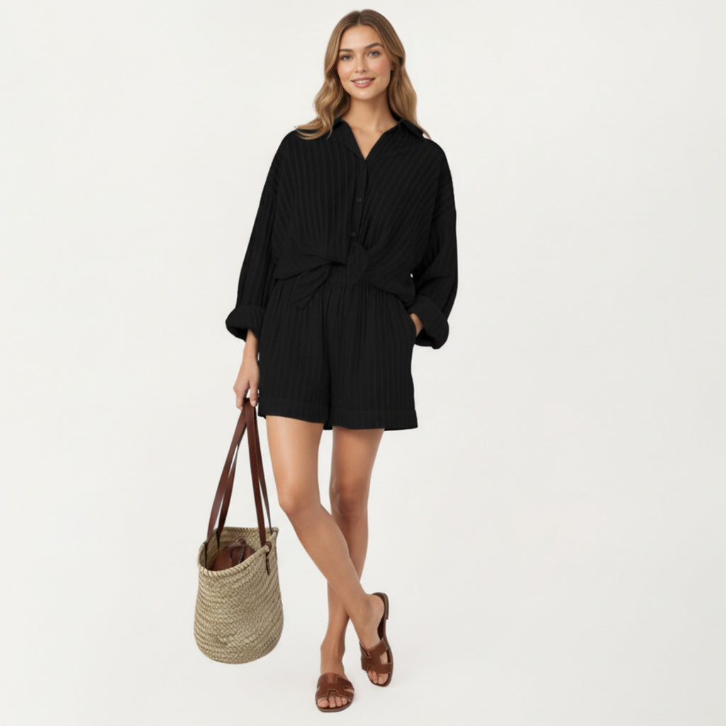 Anna-Kaci Women's 2-Piece Pajama Set Button Down Pajama Shirt and Shorts Long Sleeve Textured Stripe Printed