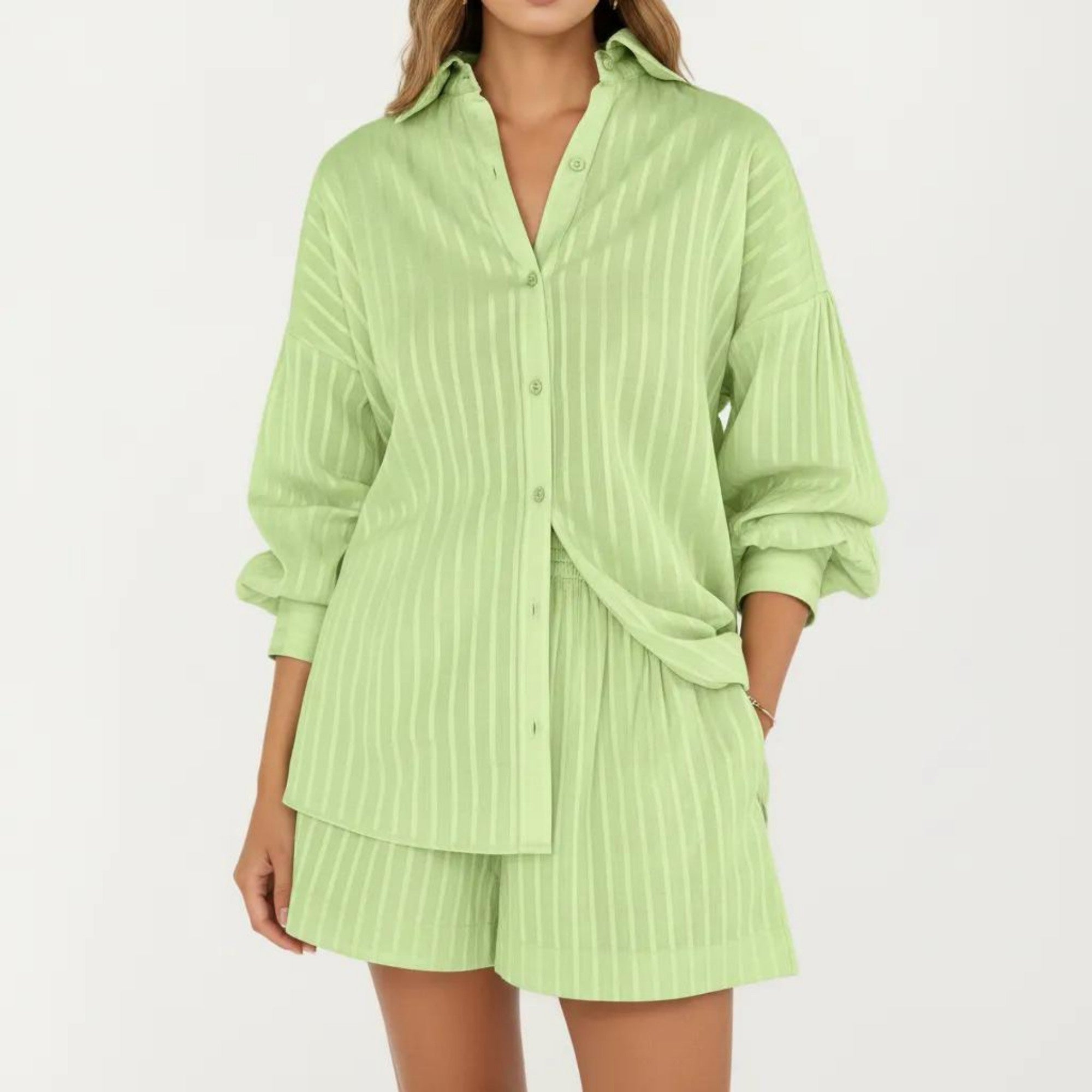 Anna-Kaci Women's 2-Piece Pajama Set Button Down Pajama Shirt and Shorts Long Sleeve Textured Stripe Printed