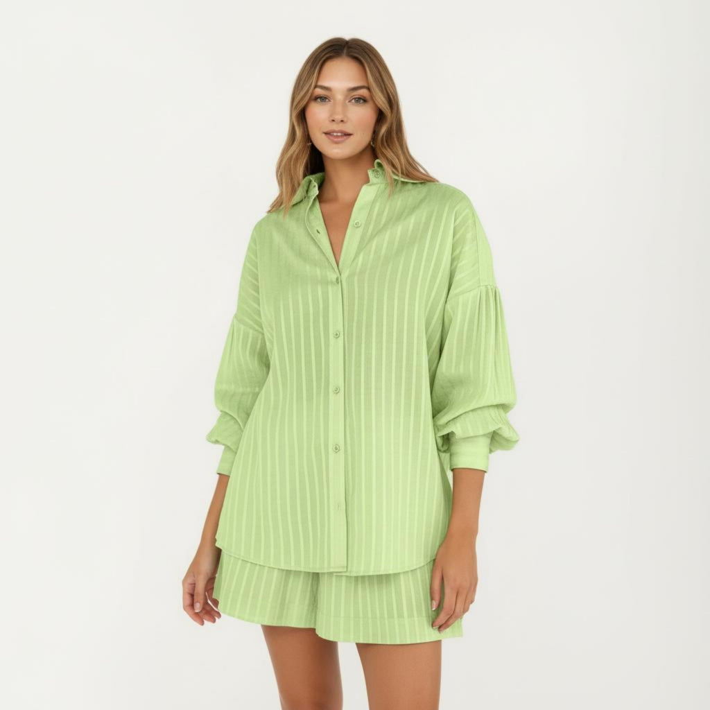 Anna-Kaci Women's 2-Piece Pajama Set Button Down Pajama Shirt and Shorts Long Sleeve Textured Stripe Printed