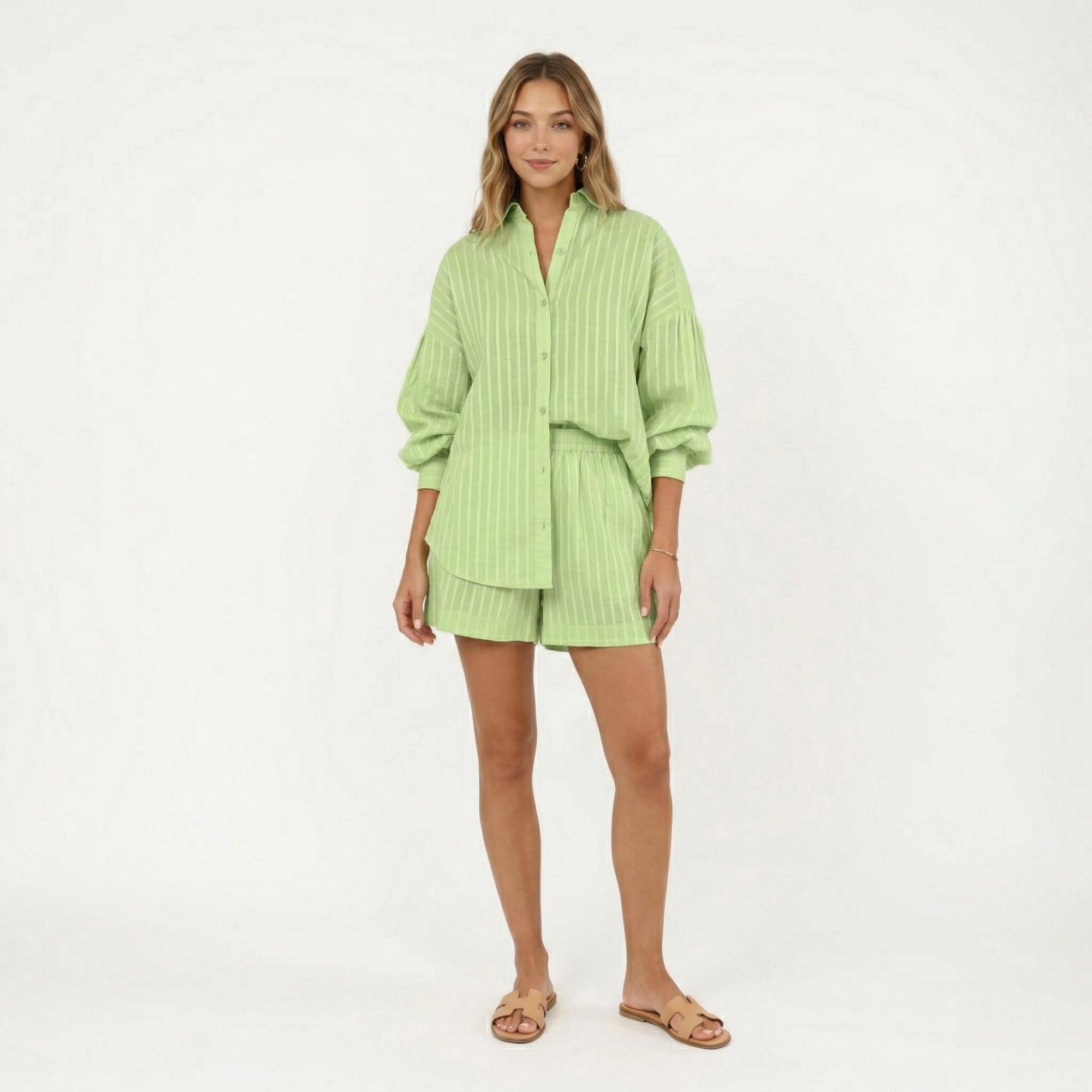 Anna-Kaci Women's 2-Piece Pajama Set Button Down Pajama Shirt and Shorts Long Sleeve Textured Stripe Printed