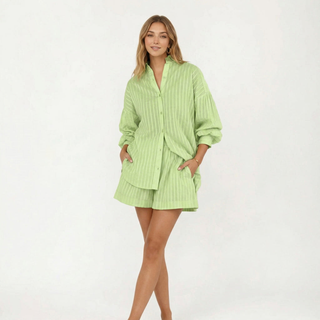 Anna-Kaci Women's 2-Piece Pajama Set Button Down Pajama Shirt and Shorts Long Sleeve Textured Stripe Printed