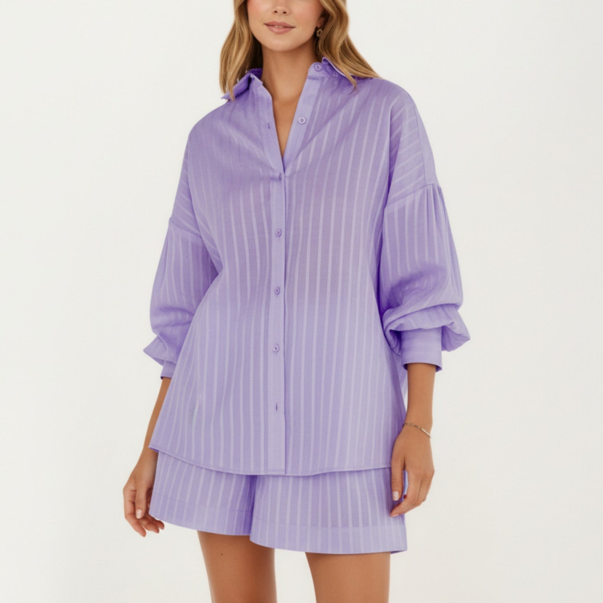 Anna-Kaci Women's 2-Piece Pajama Set Button Down Pajama Shirt and Shorts Long Sleeve Textured Stripe Printed