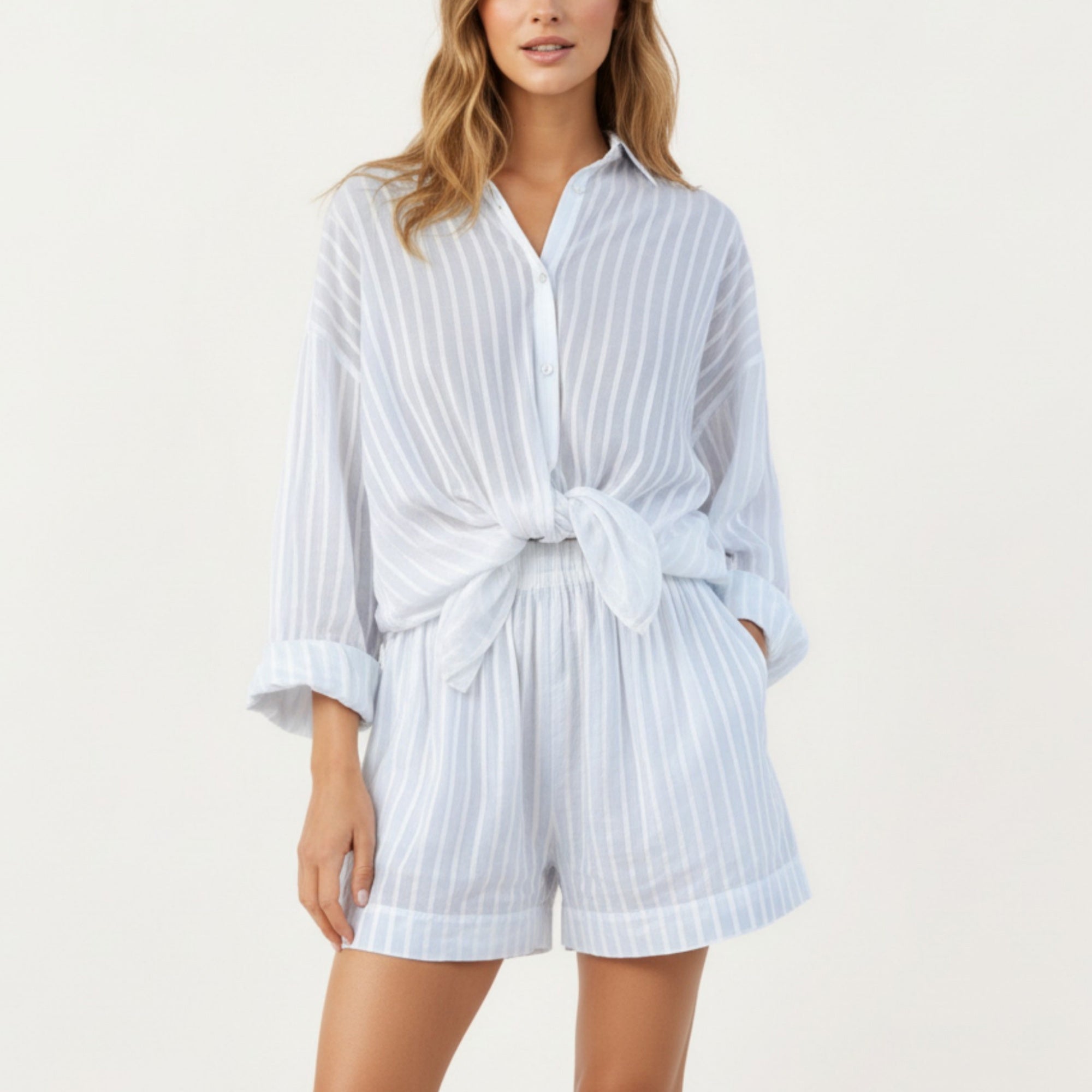 Anna-Kaci Women's 2-Piece Pajama Set Button Down Pajama Shirt and Shorts Long Sleeve Textured Stripe Printed