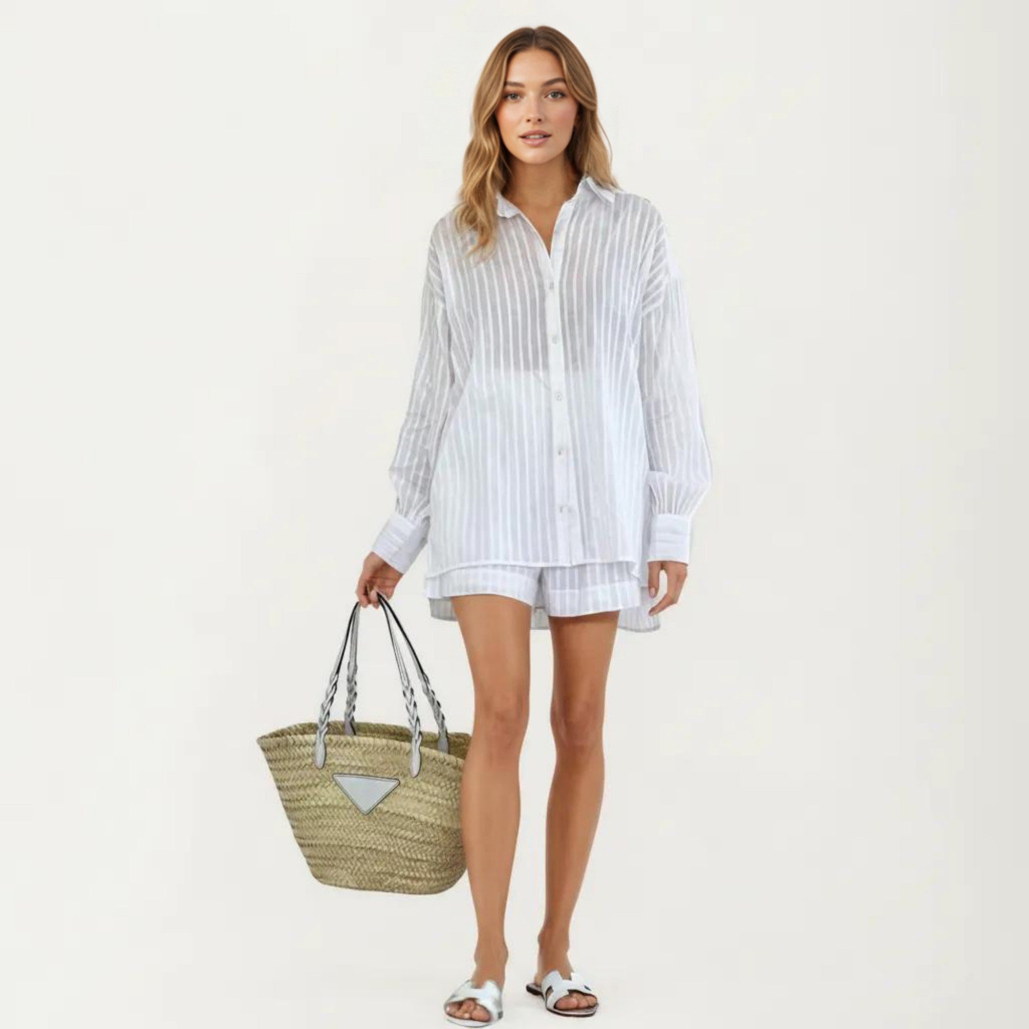 Anna-Kaci Women's 2-Piece Pajama Set Button Down Pajama Shirt and Shorts Long Sleeve Textured Stripe Printed