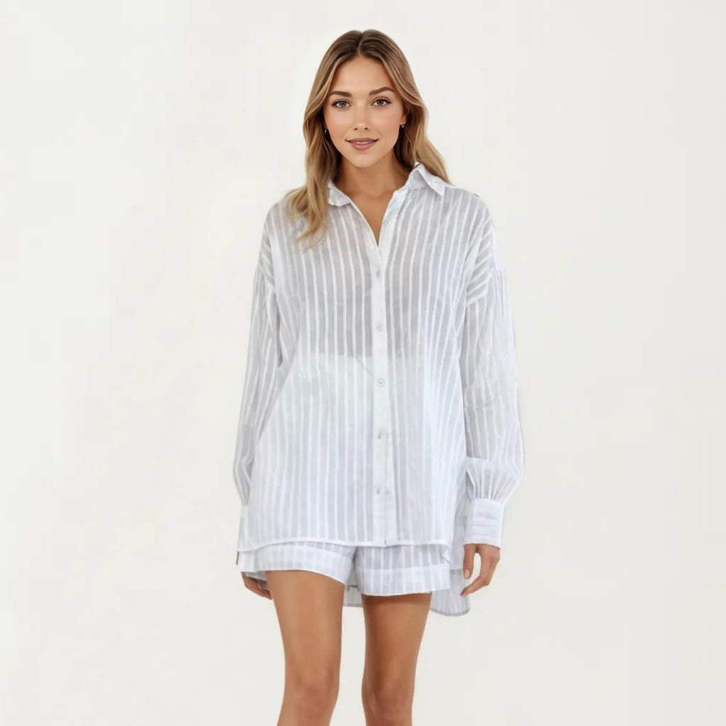 Anna-Kaci Women's 2-Piece Pajama Set Button Down Pajama Shirt and Shorts Long Sleeve Textured Stripe Printed