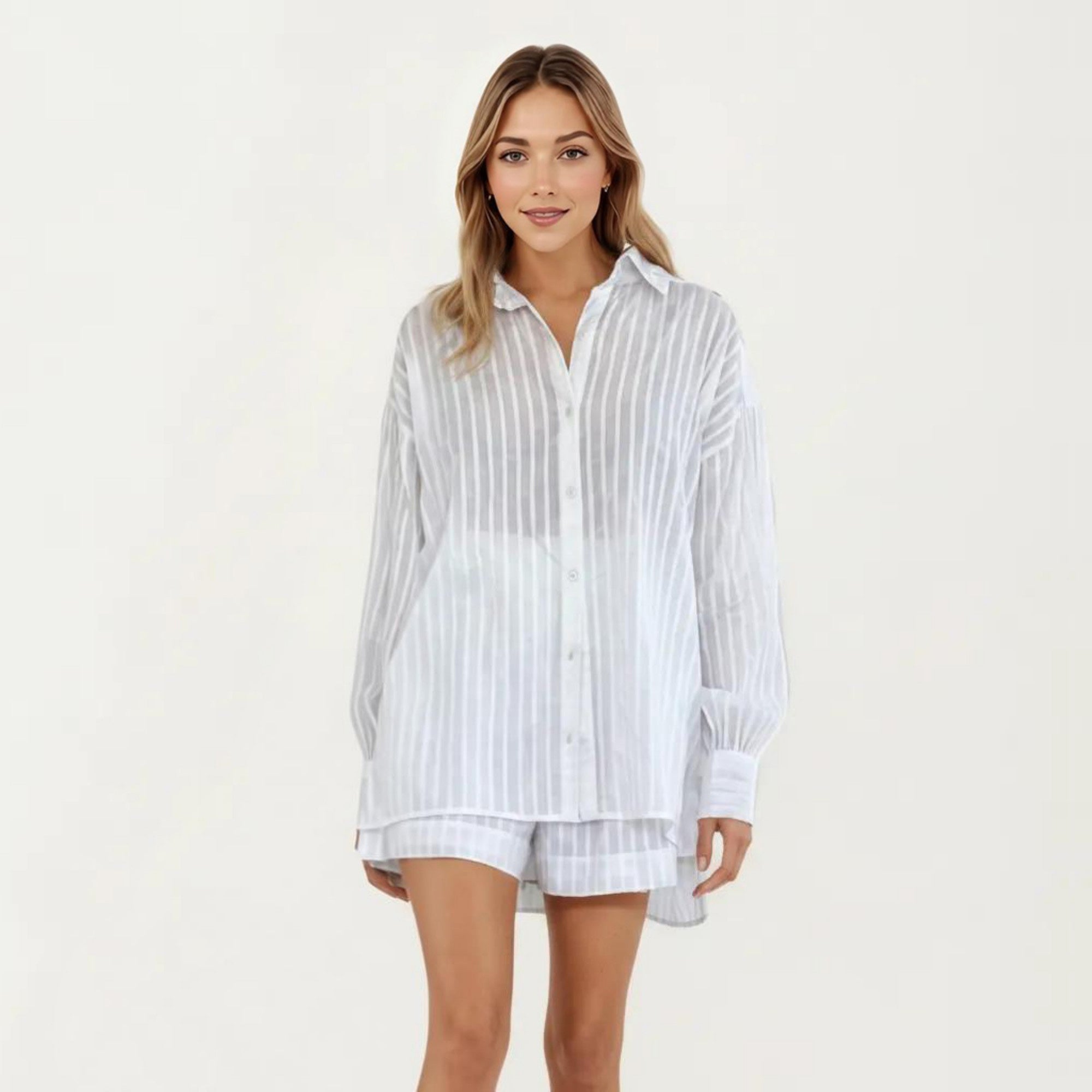 Anna-Kaci Women's 2-Piece Pajama Set Button Down Pajama Shirt and Shorts Long Sleeve Textured Stripe Printed