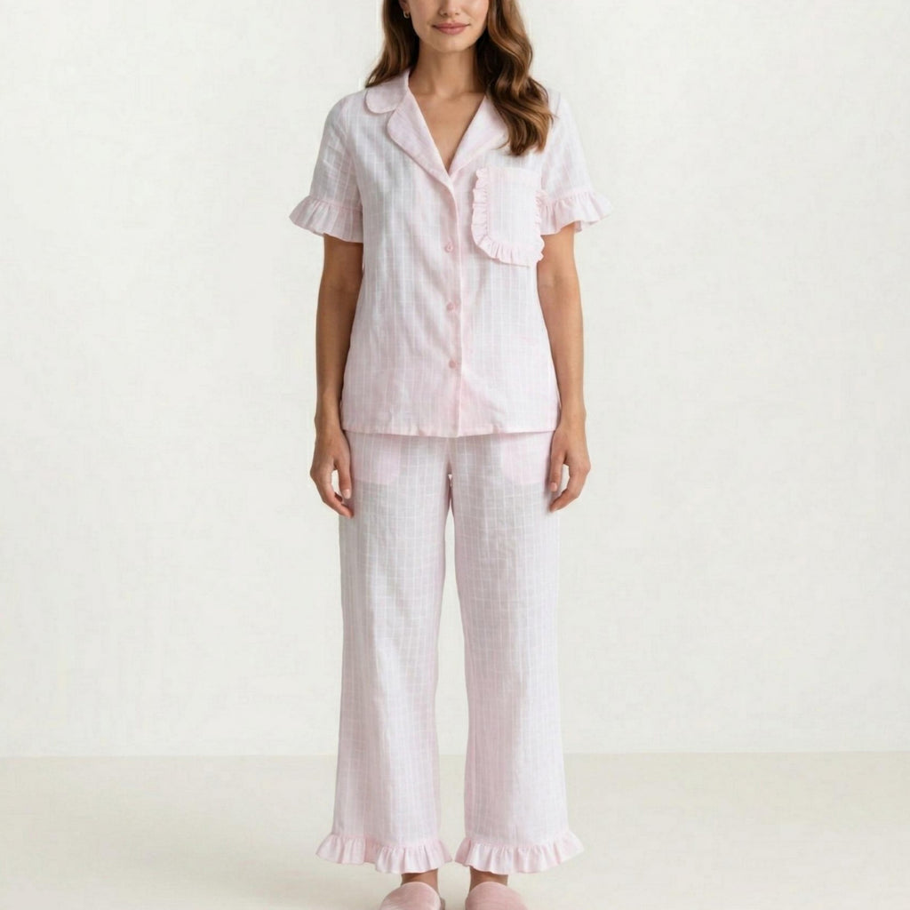 Anna-Kaci Women's 2-Pc Pajama Set Button Down Shirt and Pants Short Sleeve Textured Check Printed Ruffle Trim