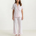 Anna-Kaci Women's 2-Pc Pajama Set Button Down Shirt and Pants Short Sleeve Textured Check Printed Ruffle Trim