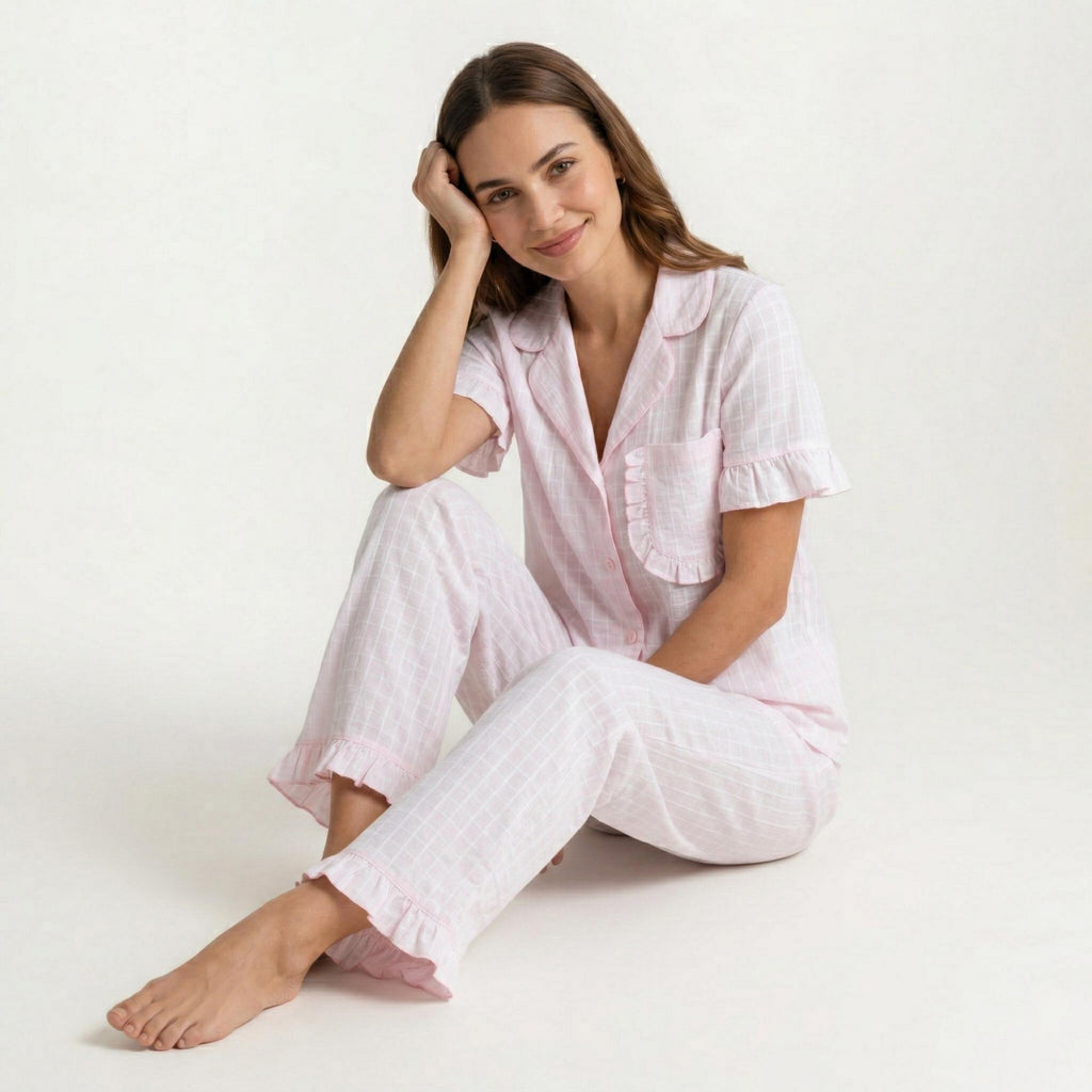 Anna-Kaci Women's 2-Pc Pajama Set Button Down Shirt and Pants Short Sleeve Textured Check Printed Ruffle Trim