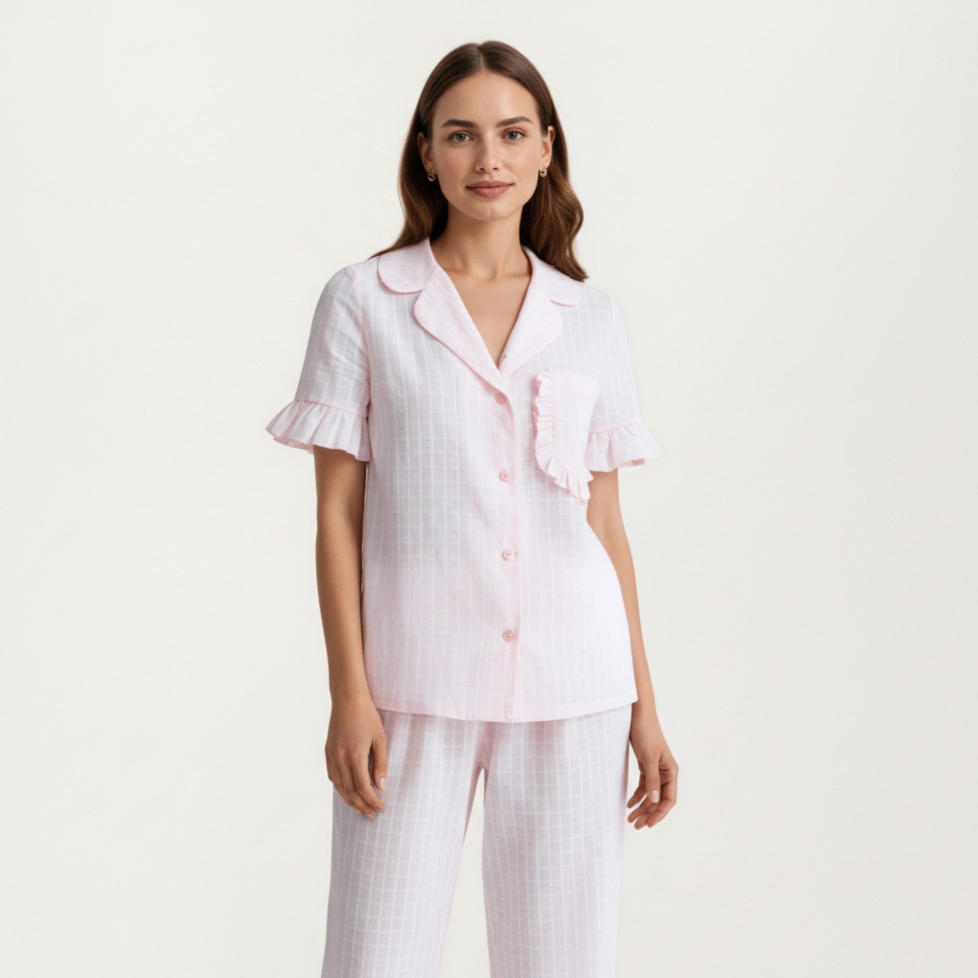 Anna-Kaci Women's 2-Pc Pajama Set Button Down Shirt and Pants Short Sleeve Textured Check Printed Ruffle Trim
