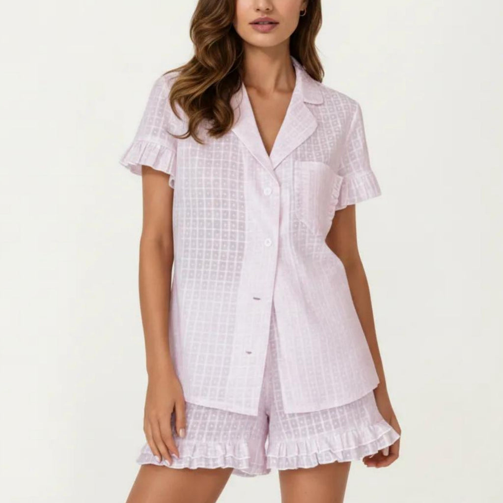 Anna-Kaci Women's 2-Pc Set Button Down Pajama Shirt and Shorts Short Sleeve Textured Check Printed Ruffle Trim