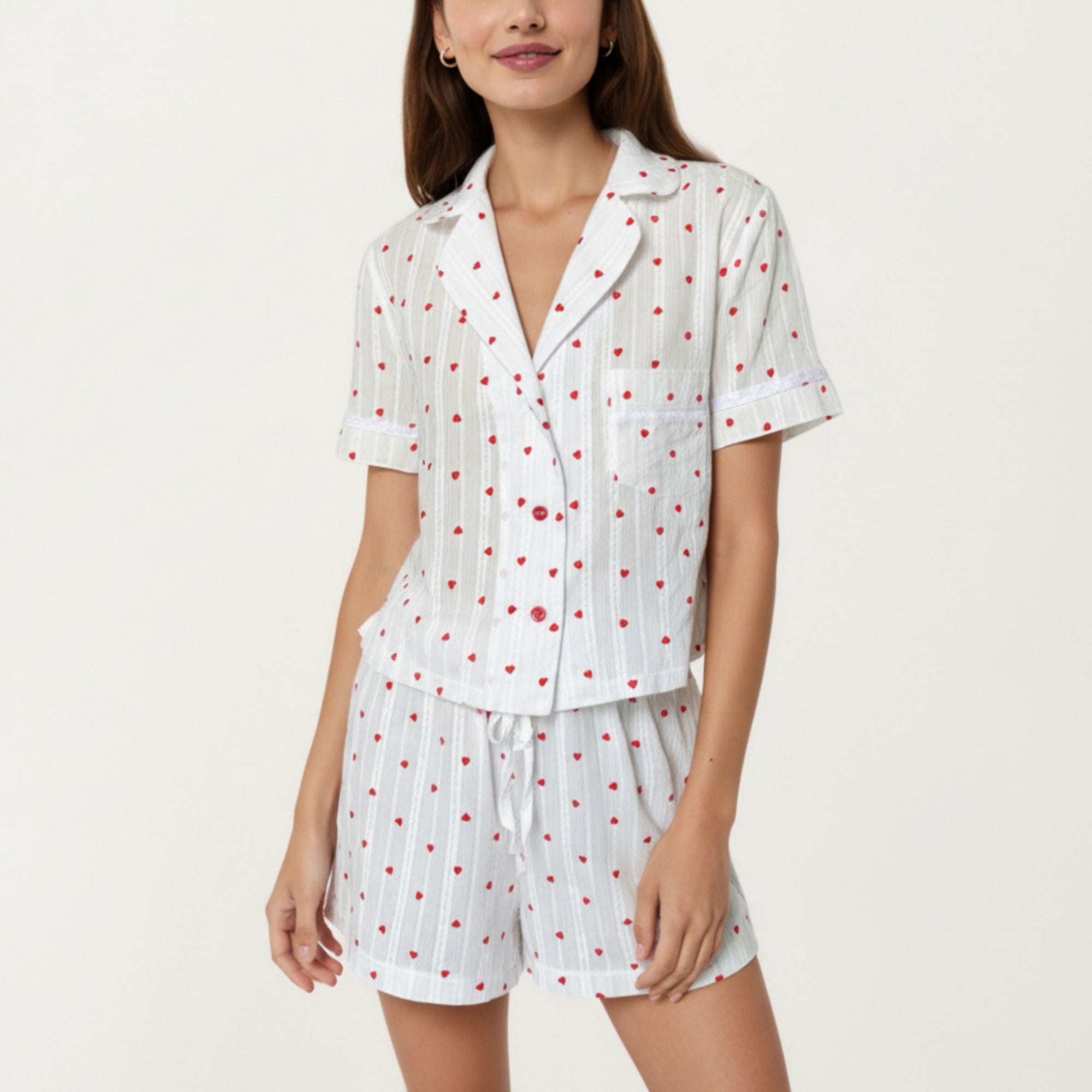 Anna-Kaci Women's 2-Pc Set Button Down Pajama Shirt and Shorts Short Sleeve Heart Printed Lounge Sleepwear Set