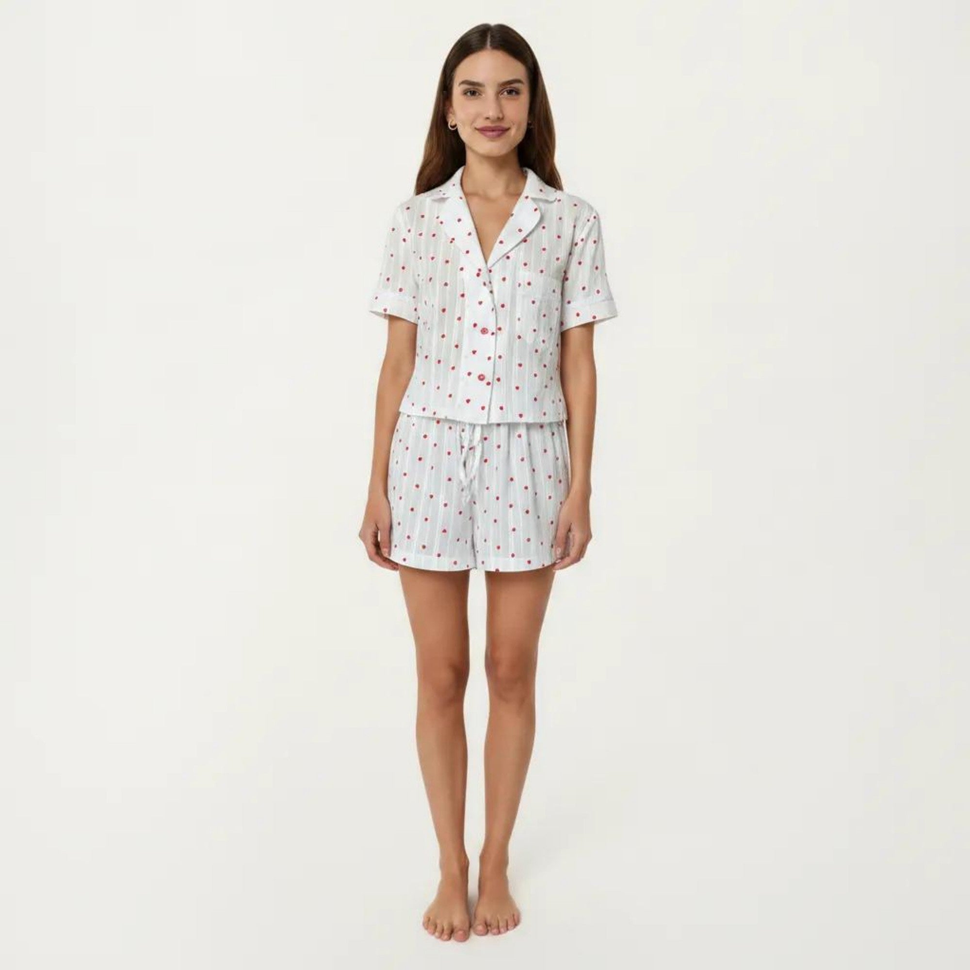 Anna-Kaci Women's 2-Pc Set Button Down Pajama Shirt and Shorts Short Sleeve Heart Printed Lounge Sleepwear Set