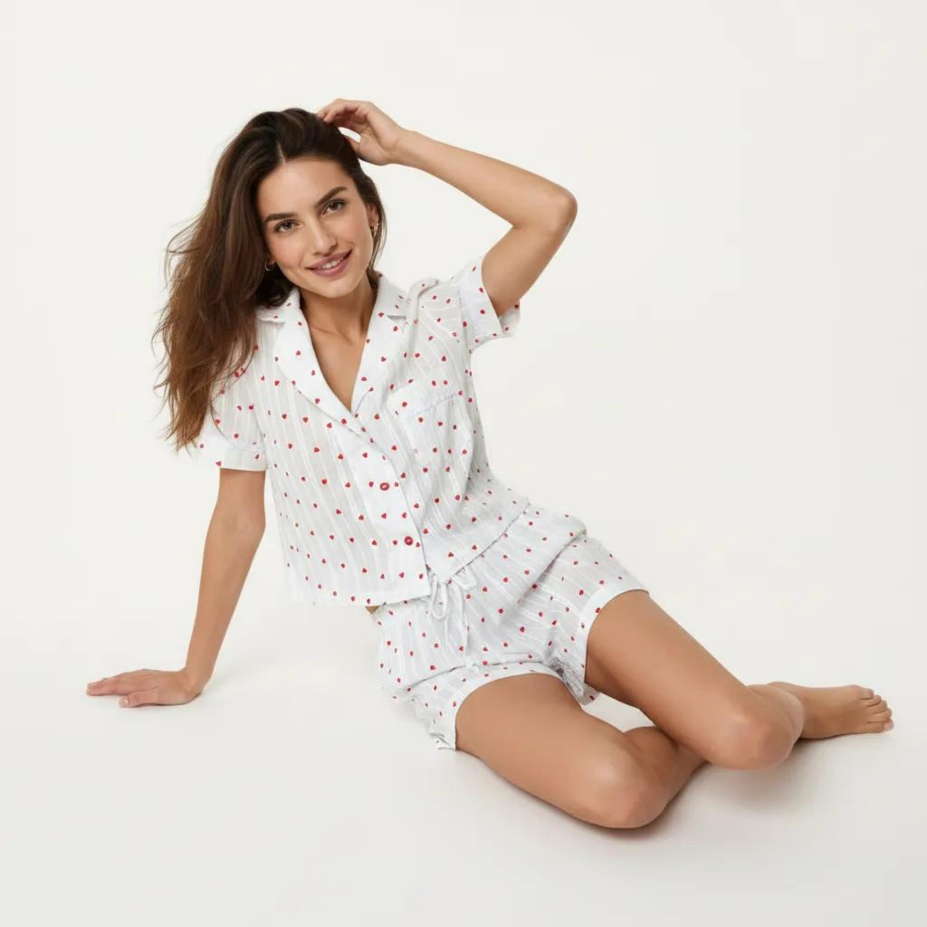 Anna-Kaci Women's 2-Pc Set Button Down Pajama Shirt and Shorts Short Sleeve Heart Printed Lounge Sleepwear Set
