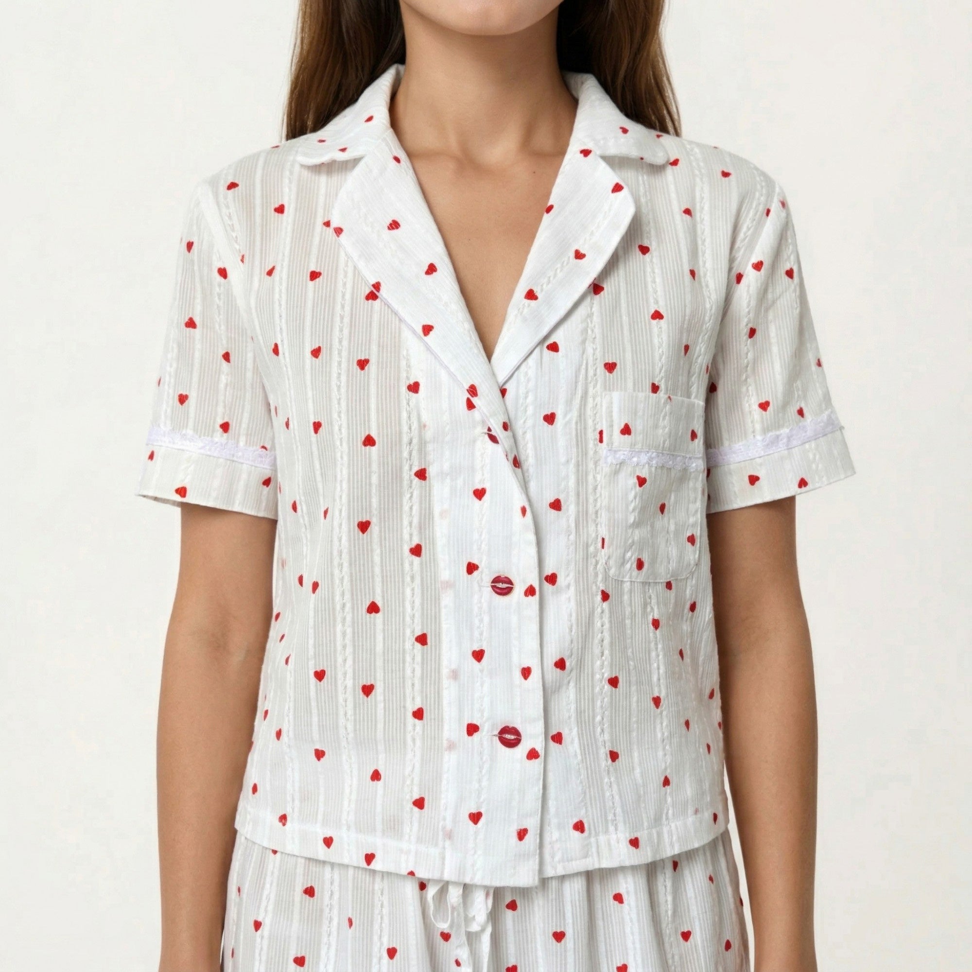Anna-Kaci Women's 2-Pc Set Button Down Pajama Shirt and Shorts Short Sleeve Heart Printed Lounge Sleepwear Set