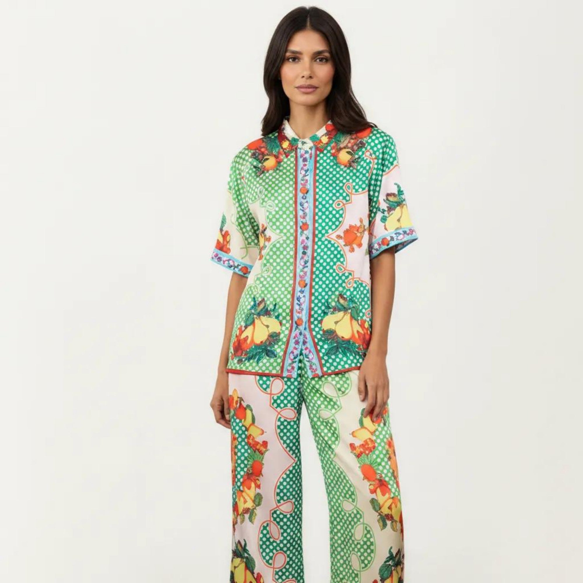 Anna-Kaci Women's 2-Piece Set Button Down Pajama Shirt and Wide Leg Pants Printed Short Sleeve Sleepwear Set