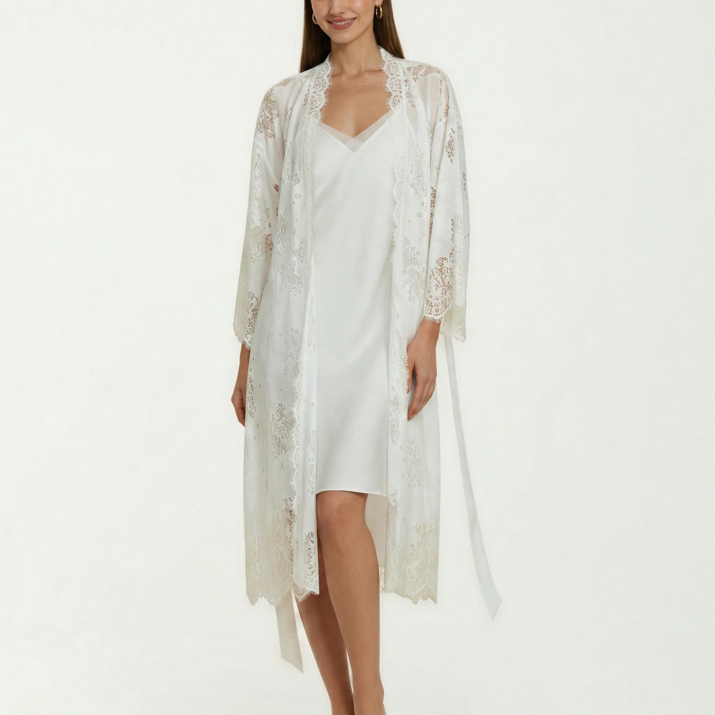 Anna-Kaci Women's 2-Piece Set Smooth Sleepwear Slip Dress with Sheer Lace Long Robe Open Front Nightgown Set