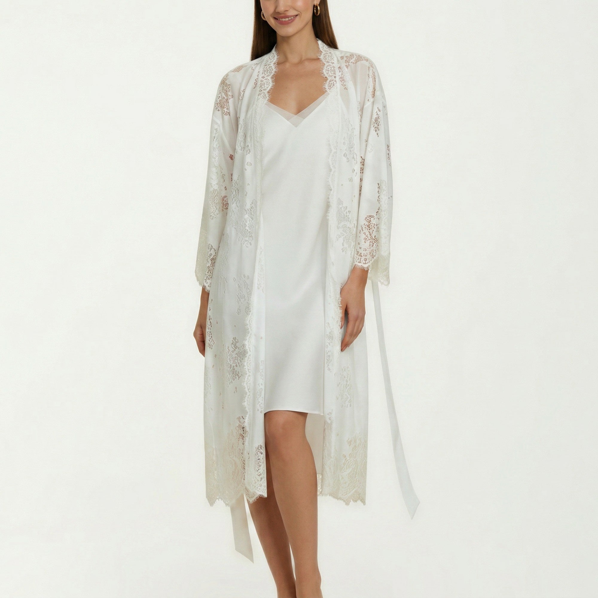 Anna-Kaci Women's 2-Piece Set Smooth Sleepwear Slip Dress with Sheer Lace Long Robe Open Front Nightgown Set