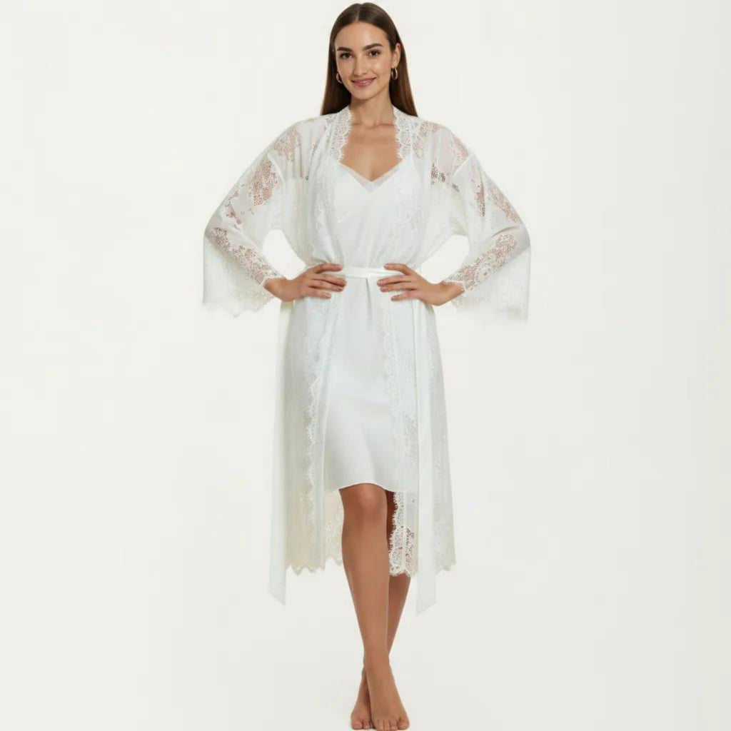 Anna-Kaci Women's 2-Piece Set Smooth Sleepwear Slip Dress with Sheer Lace Long Robe Open Front Nightgown Set