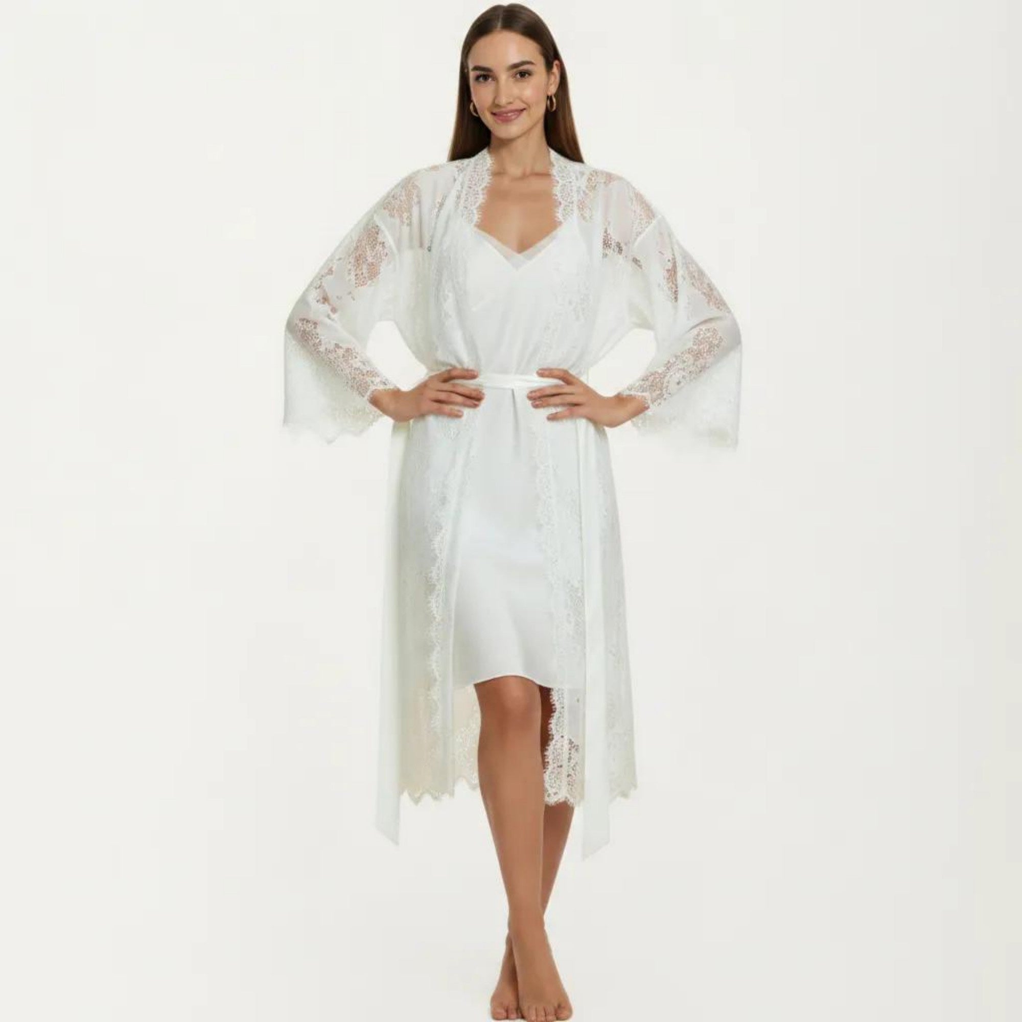 Anna-Kaci Women's 2-Piece Set Smooth Sleepwear Slip Dress with Sheer Lace Long Robe Open Front Nightgown Set