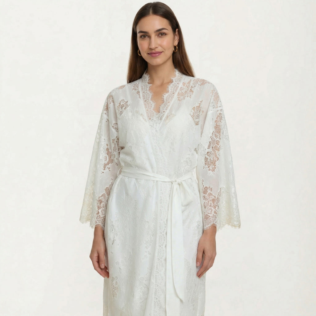 Anna-Kaci Women's 2-Piece Set Smooth Sleepwear Slip Dress with Sheer Lace Long Robe Open Front Nightgown Set