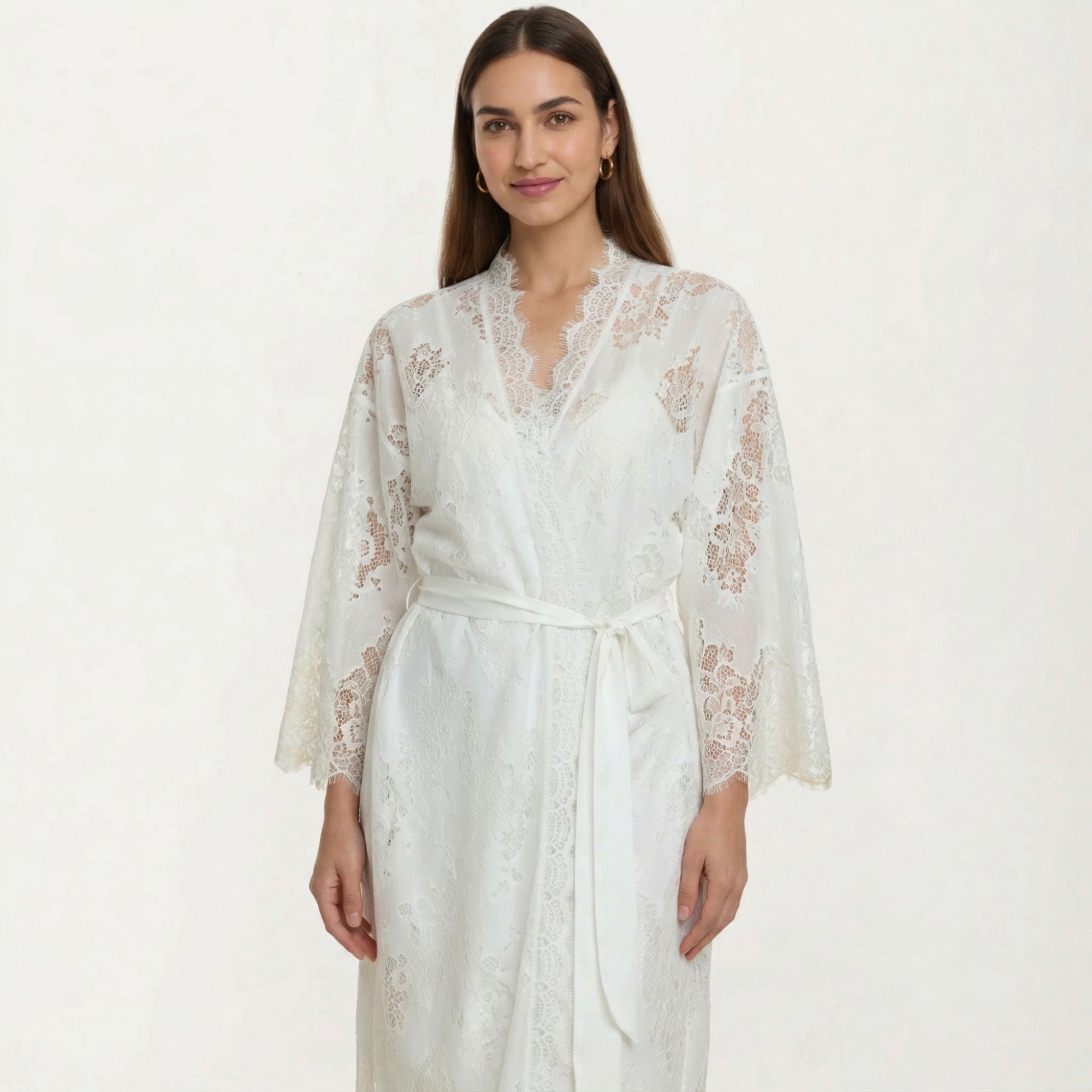 Anna-Kaci Women's 2-Piece Set Smooth Sleepwear Slip Dress with Sheer Lace Long Robe Open Front Nightgown Set