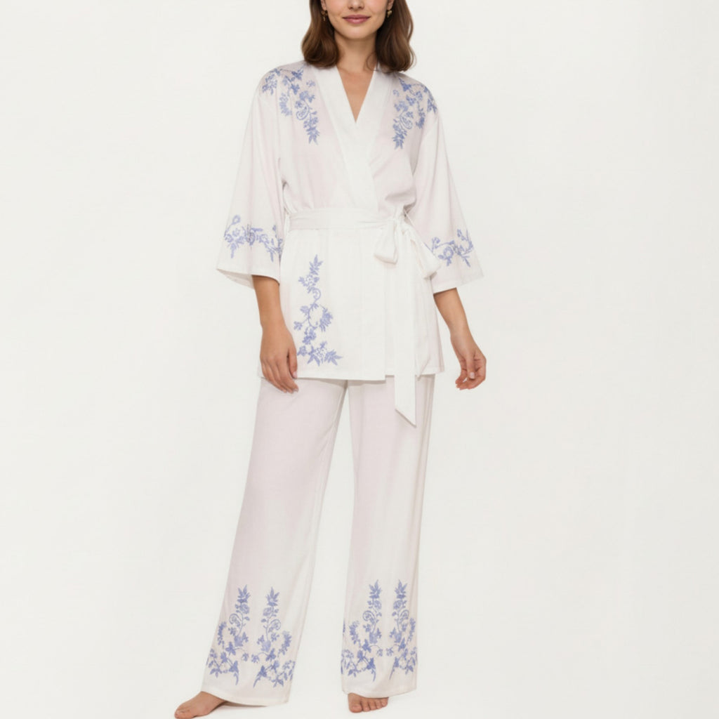 Anna-Kaci Women's 3-Piece Set Pajama Lounge Set with Wrap Tie Robe Long Sleeve Top and Wide Leg Pants