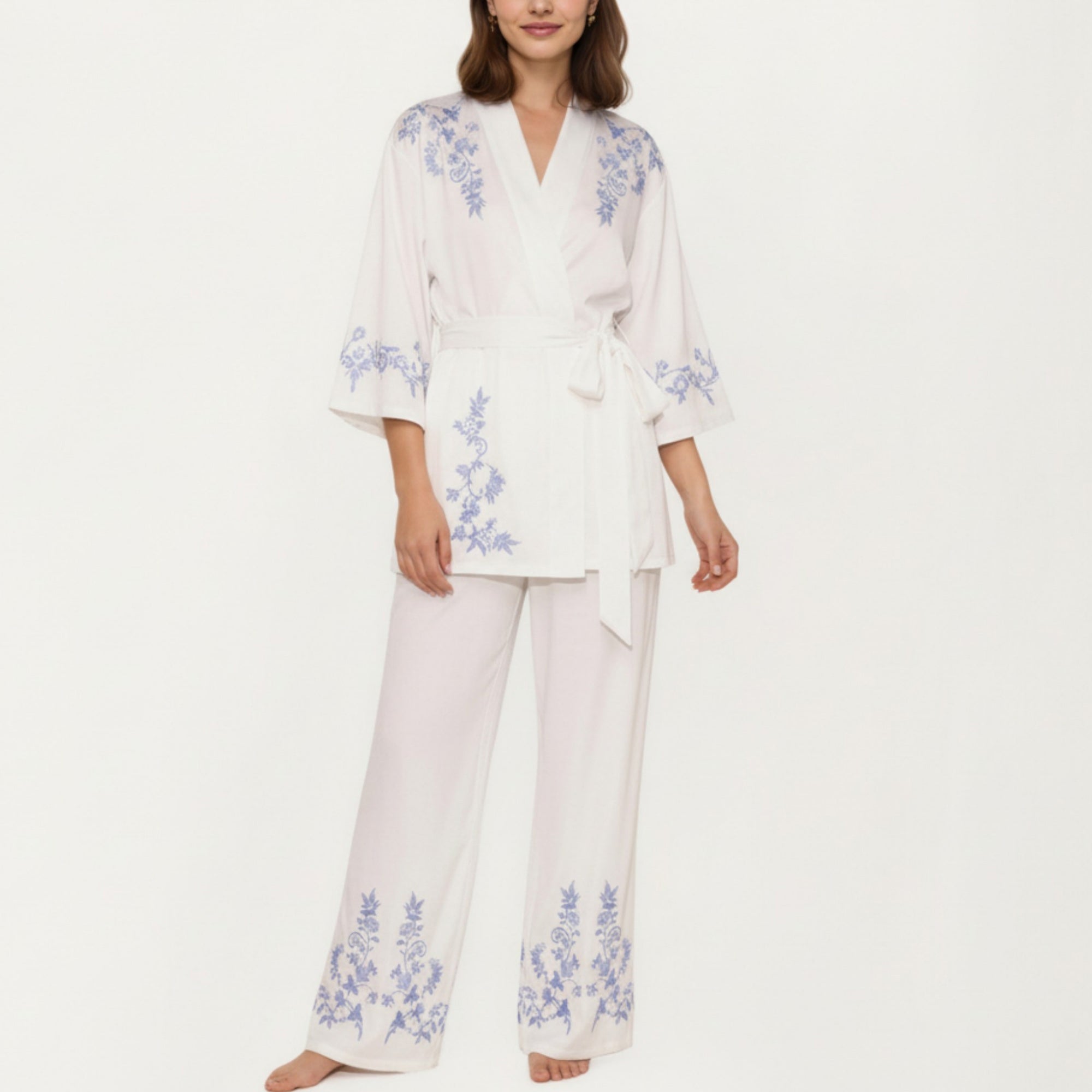 Anna-Kaci Women's 3-Piece Set Pajama Lounge Set with Wrap Tie Robe Long Sleeve Top and Wide Leg Pants