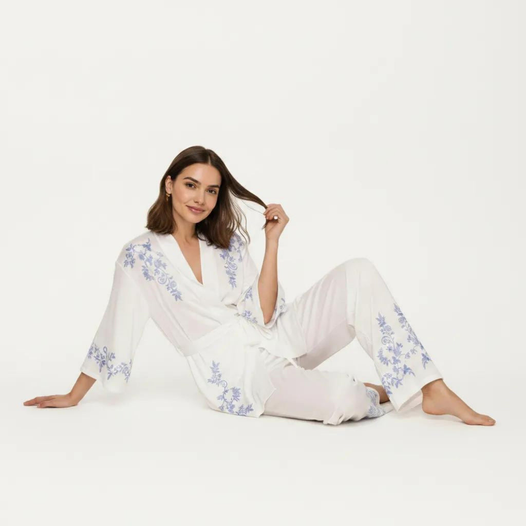 Anna-Kaci Women's 3-Piece Set Pajama Lounge Set with Wrap Tie Robe Long Sleeve Top and Wide Leg Pants