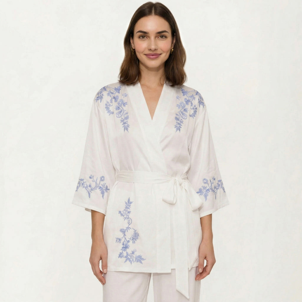 Anna-Kaci Women's 3-Piece Set Pajama Lounge Set with Wrap Tie Robe Long Sleeve Top and Wide Leg Pants